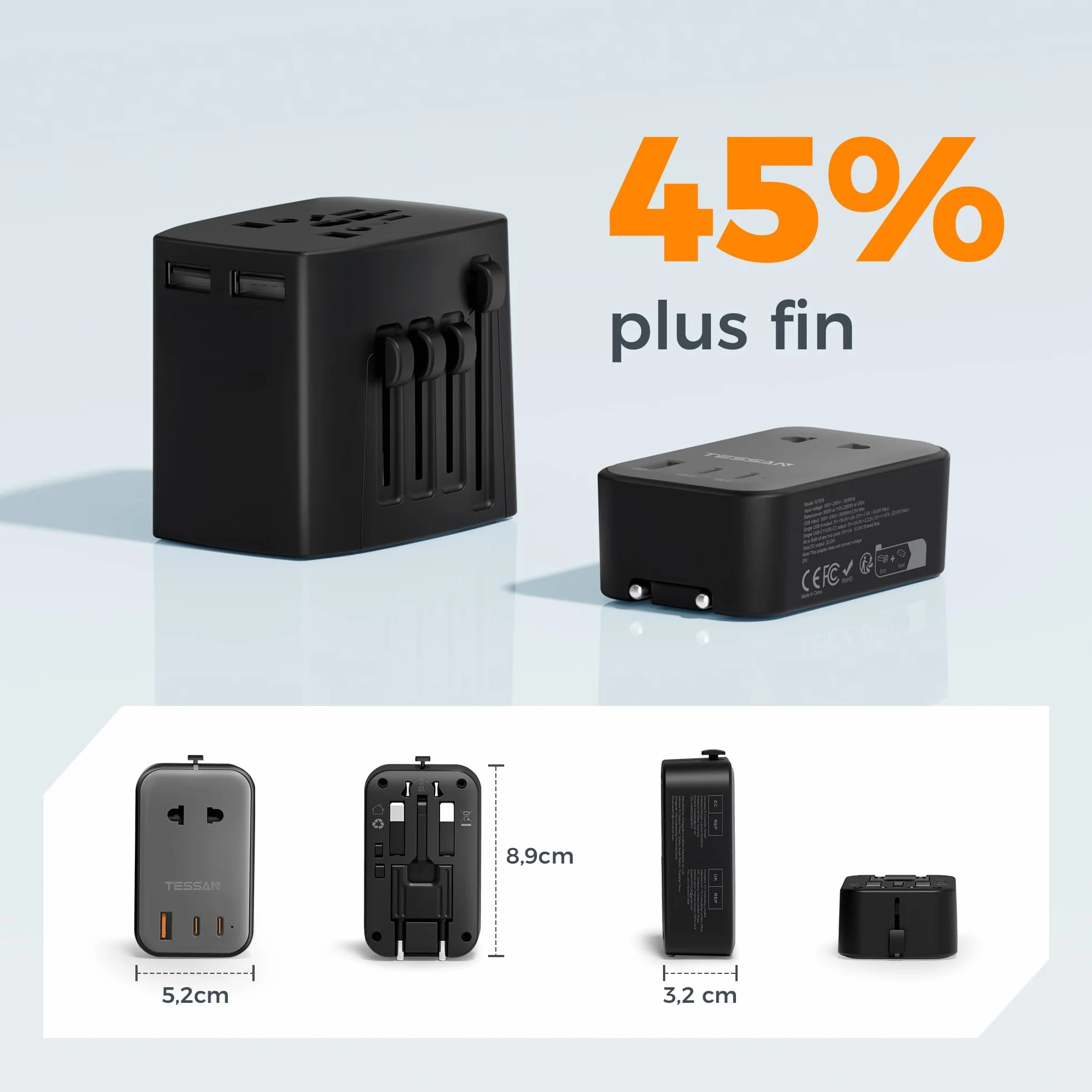 TESSAN Adaptateur Prise Universelle PD 20W, 2 USB C et 1 USB A, Voyage pour France USA Angleterre Australie Japon Chine Thaïlande