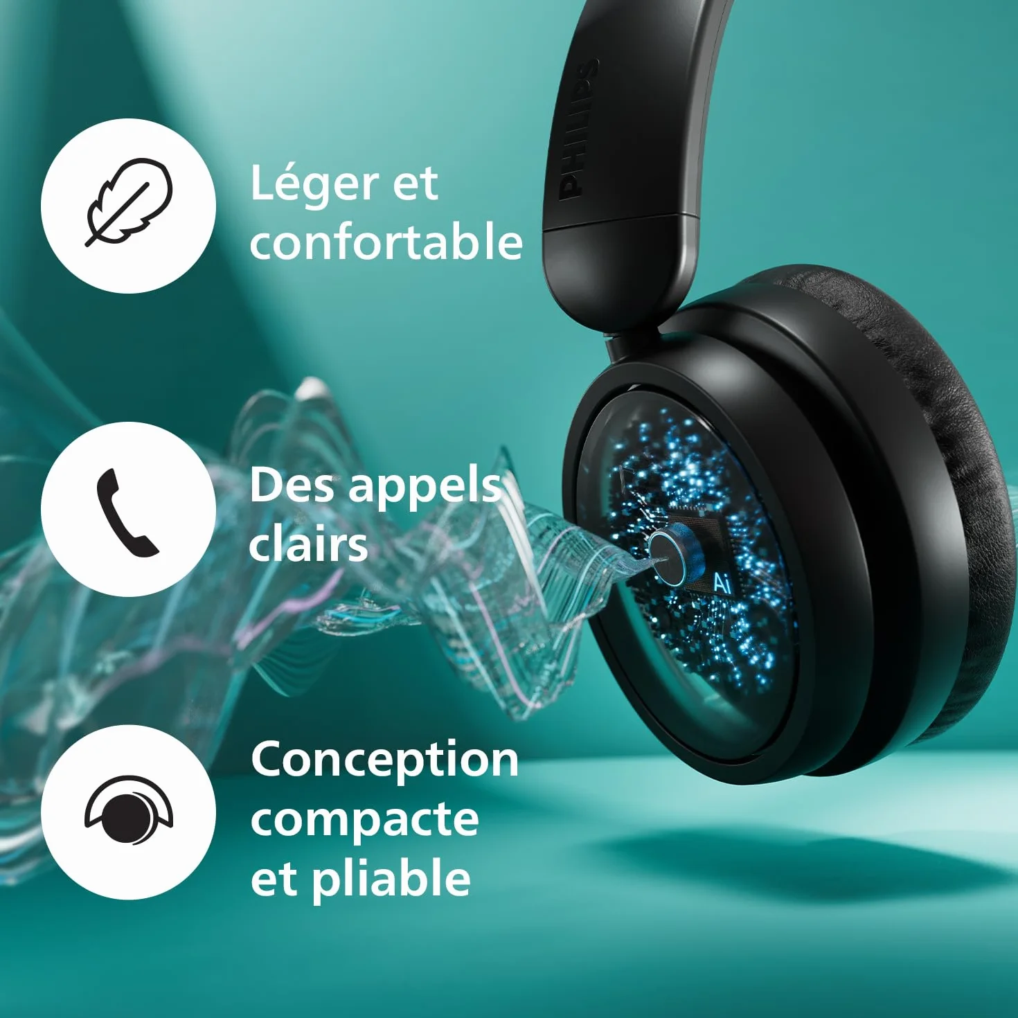 Philips TAH5219BK/00 Casque Bluetooth sans Fil Léger on‑Ear – Jusqu’à 65 h d’autonomie, Son Naturel, appels clairs, Basses dynamiques, Recharge USB‑C 2 h, Housse Souple – Noir