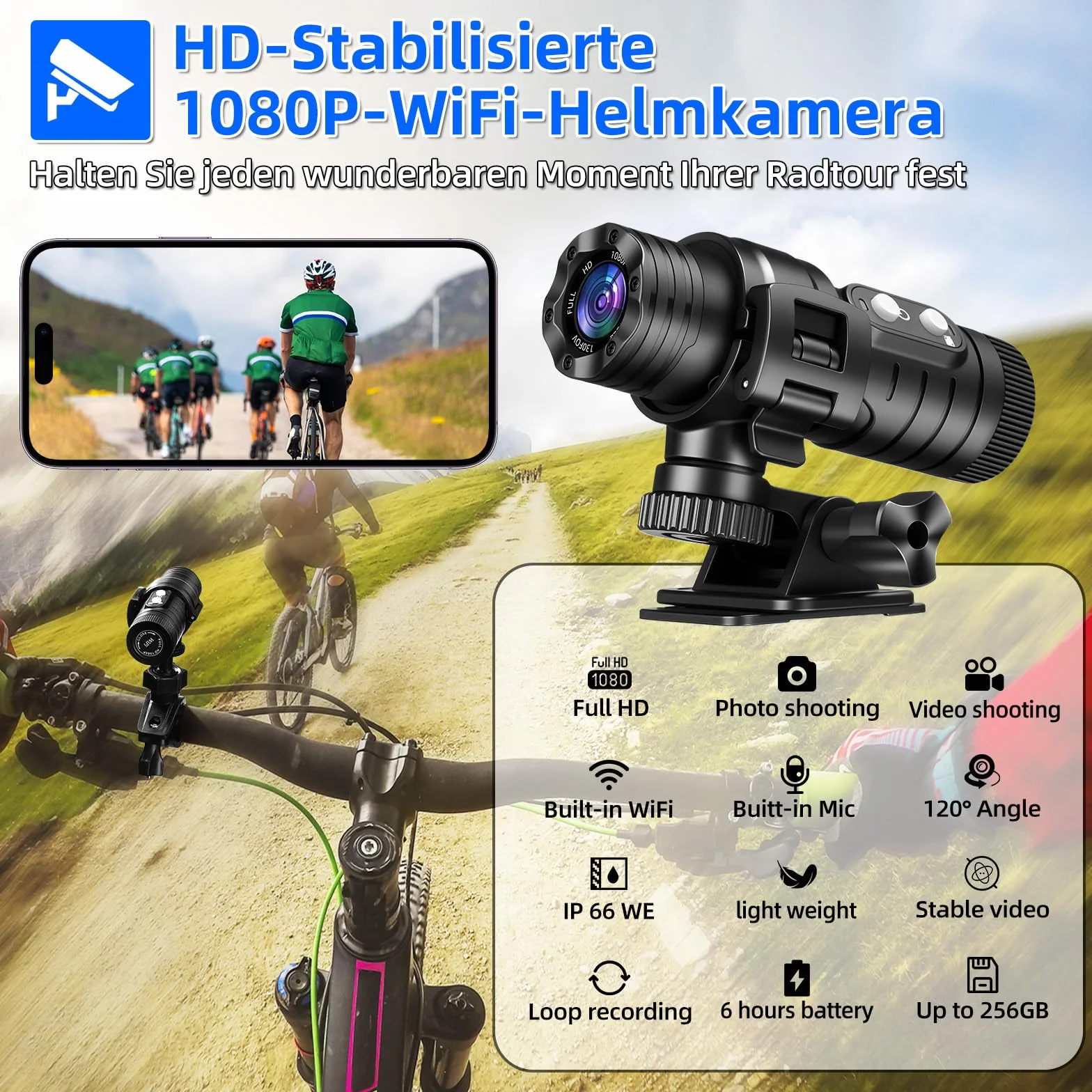 AIKER Caméra Sport WiFi Étanchéité IP66 1080P HD 120° Grand Angle Caméra Moto