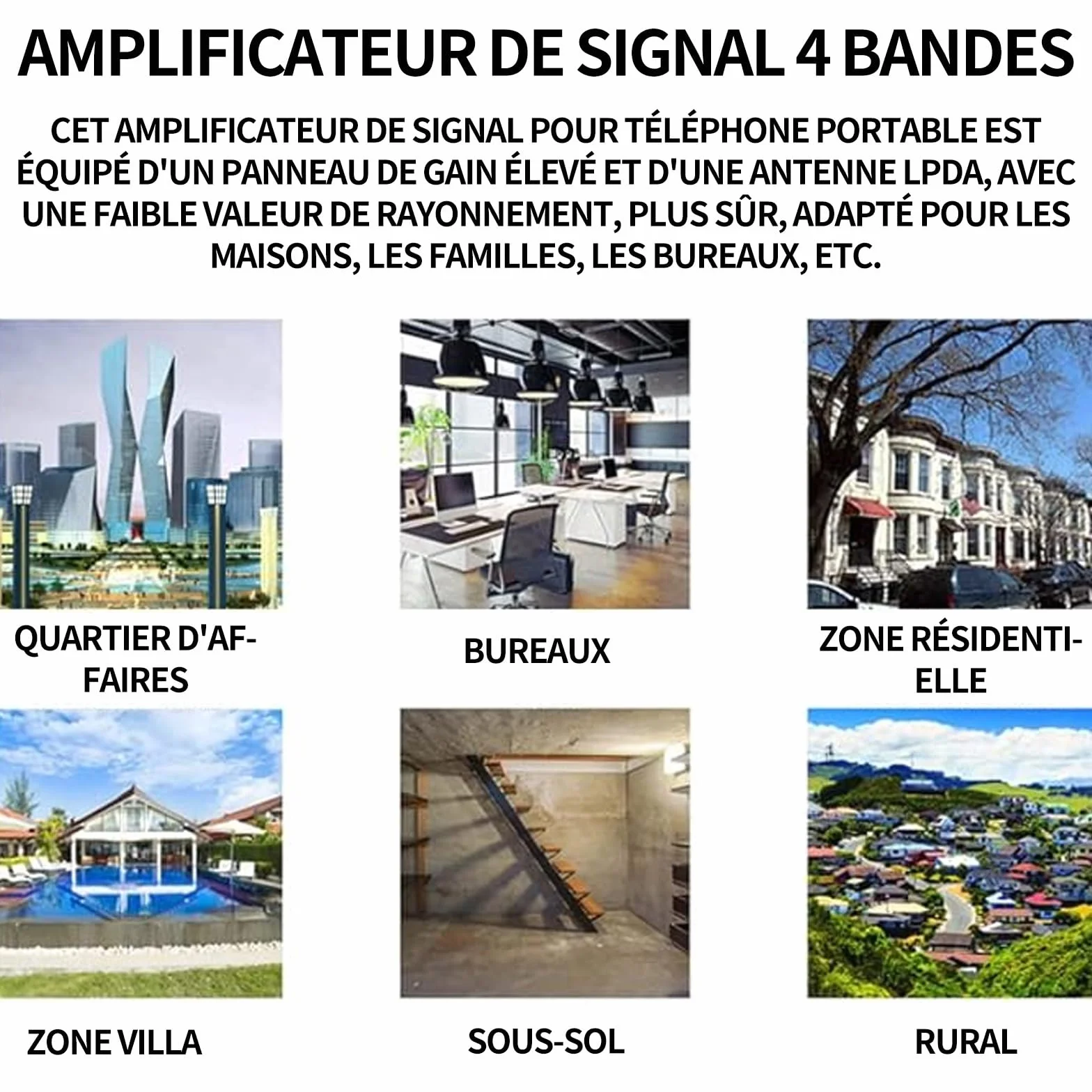Amplificateur Signal 4G 5G Booster Répéteur GSM 4 Bandes 900 1800 2100 2600 MHz Maison Bureau Antenne Intérieur Extérieur