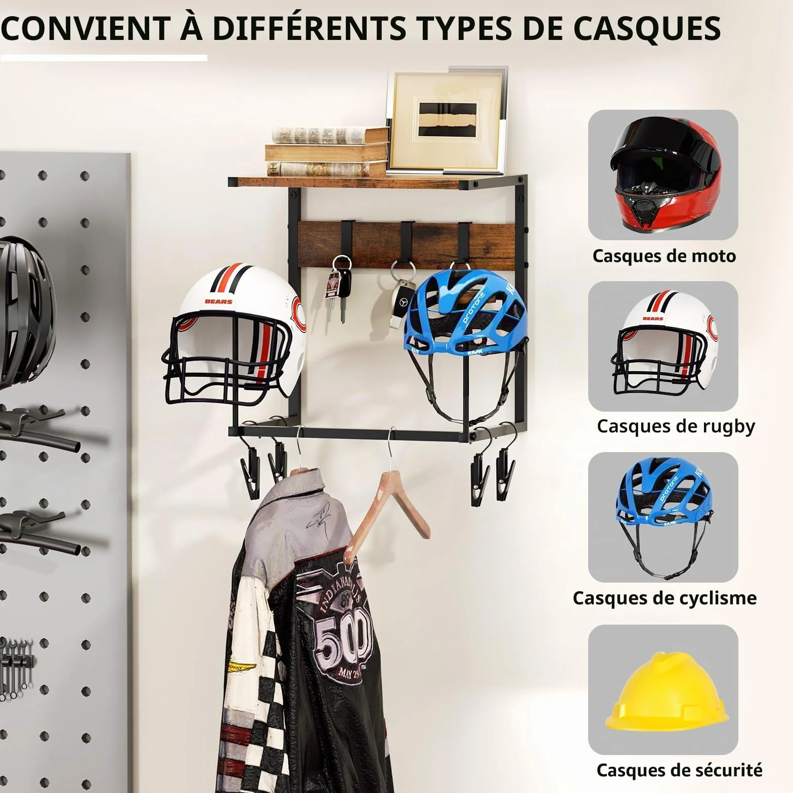 Urban Deco Support casque moto, porte casque avec 2 supports pour chapeaux, support pour repose à fixer au mur, support mural casque equipement moto, petit