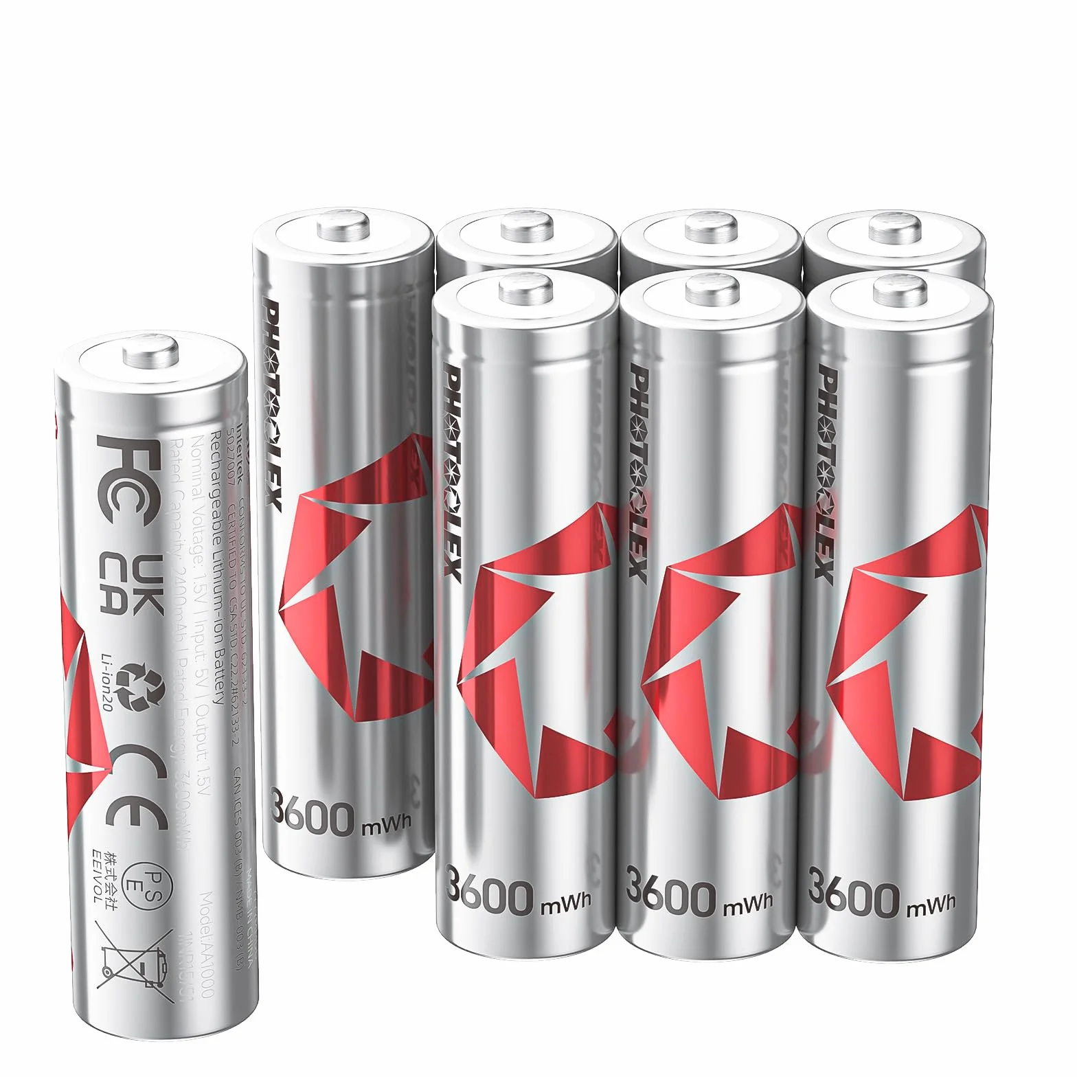 PHOTOOLEX Piles Rechargeables AA Lot de 8 3600mWh 1,5V Lithium HR6 Haute Performance Longue Durée