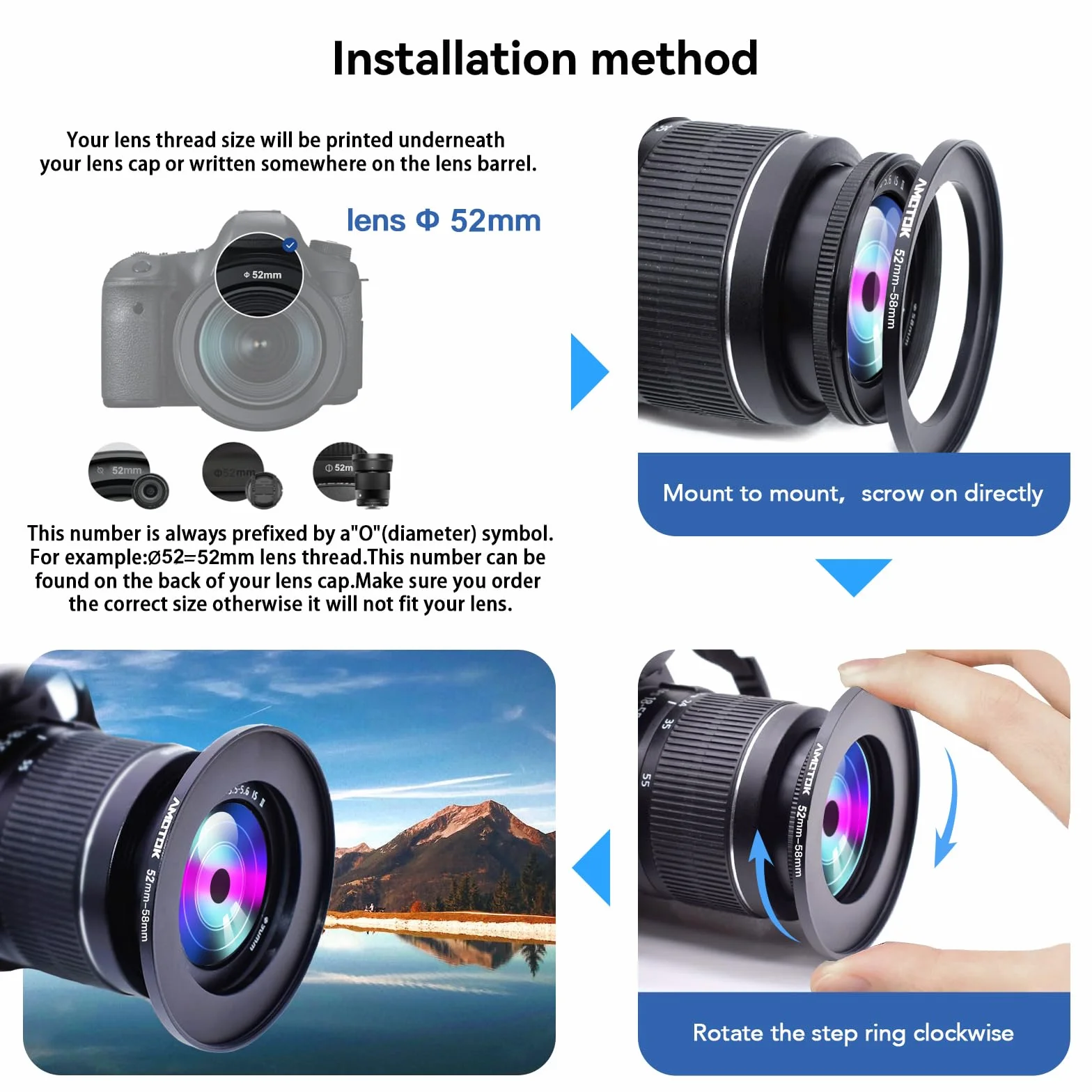Bague d'adaptation de filtre Step Up de 52 mm à 58 mm, compatible avec objectif 52 mm vers 58 mm (accessoire de filtre UV-CPL-ND)