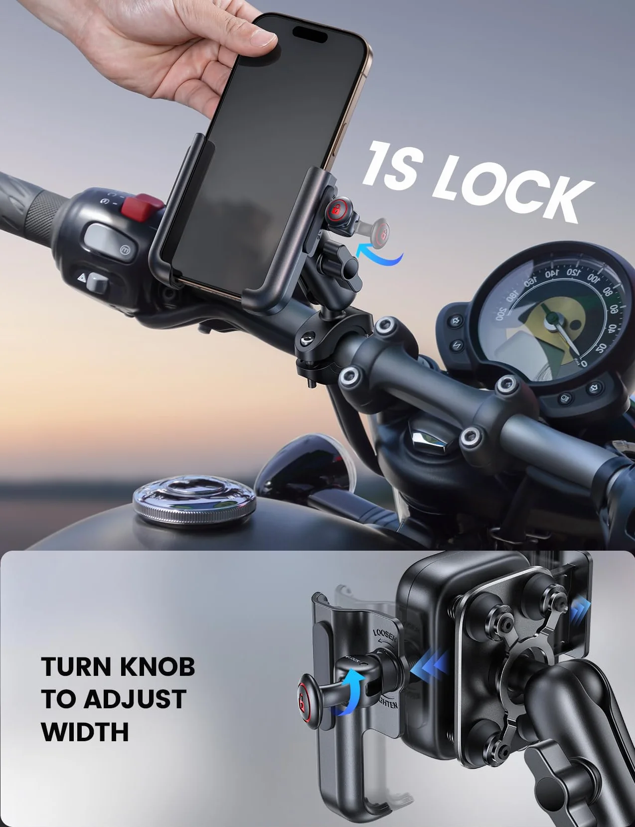 Lamicall Support Téléphone Moto - [Tout Métal] [Anti-Vibration] [Bras Rétractable] Antivol, 2 x 360° Rotation, Porte Téléphone Vélo, pour iPhone 17 16 15 14 13 et Autre Smartphone de 4,7-7,2" - Noir