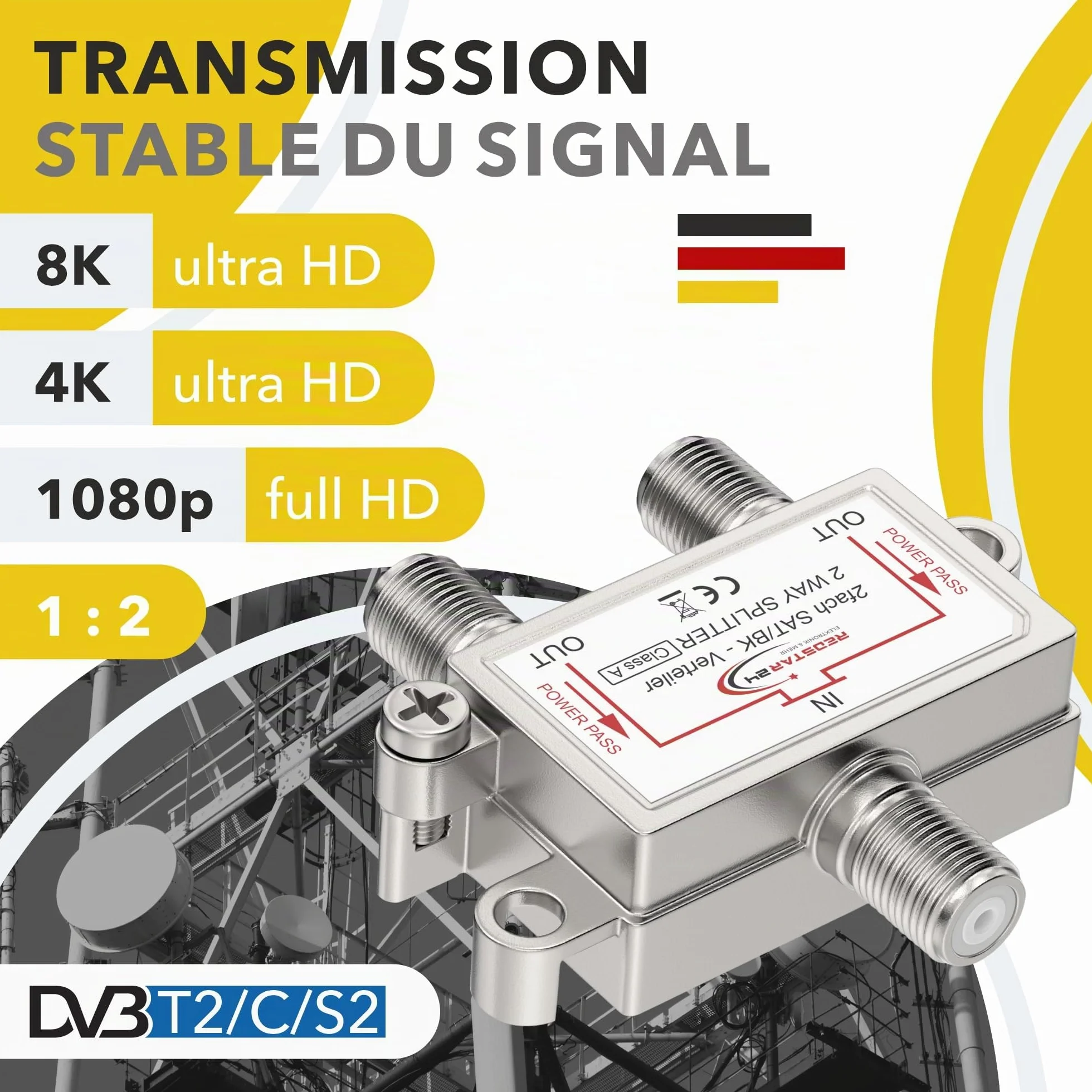 Redstar Répartiteur TV SAT 2 voies - Distributeur antenne satellite HDTV UHD 4K DVB-S/S2 DVB-T/T2 DVB-C/C2 boîtier blindé