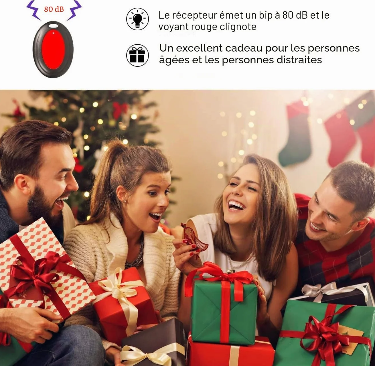 Reyke Localisateur de clés, 80 DB sans Fil RF avec portée de Travail de 39,6 m, télécommande avec Lampe de Poche LED, Support de Base pour clés, Portefeuille, téléphone et Animal Domestique