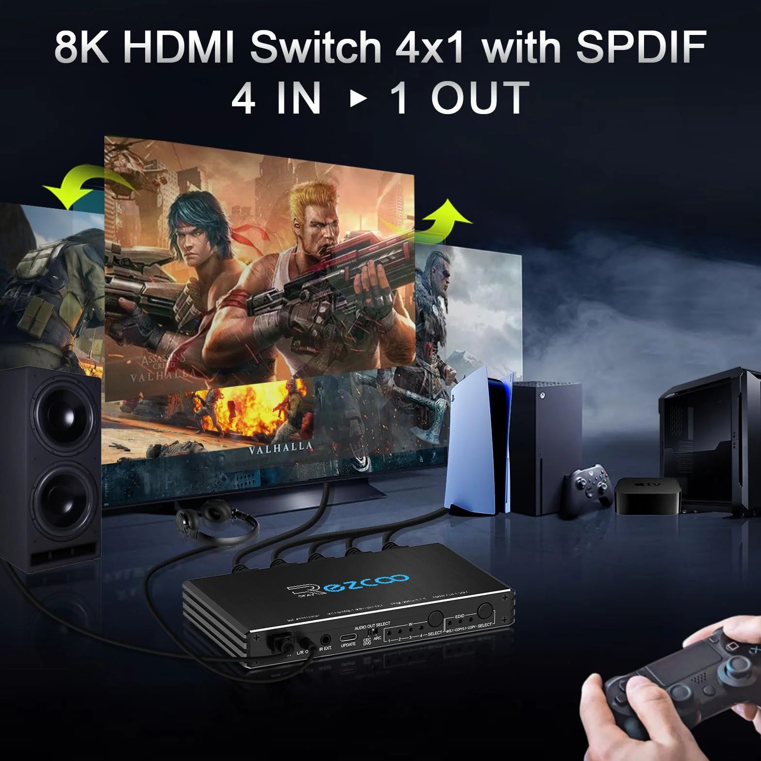 Commutateur HDMI 2.1 4K 120Hz 4x1 avec Extracteur Audio Switch HDMI 8K 4 in 1 Out avec SPDIF Optique et 3.5mm Stéréo Arc CEC HDCP2.3 3D HDR10 VRR ALLM IR Remote pour PS5 et Xbox NVIDIA AMD