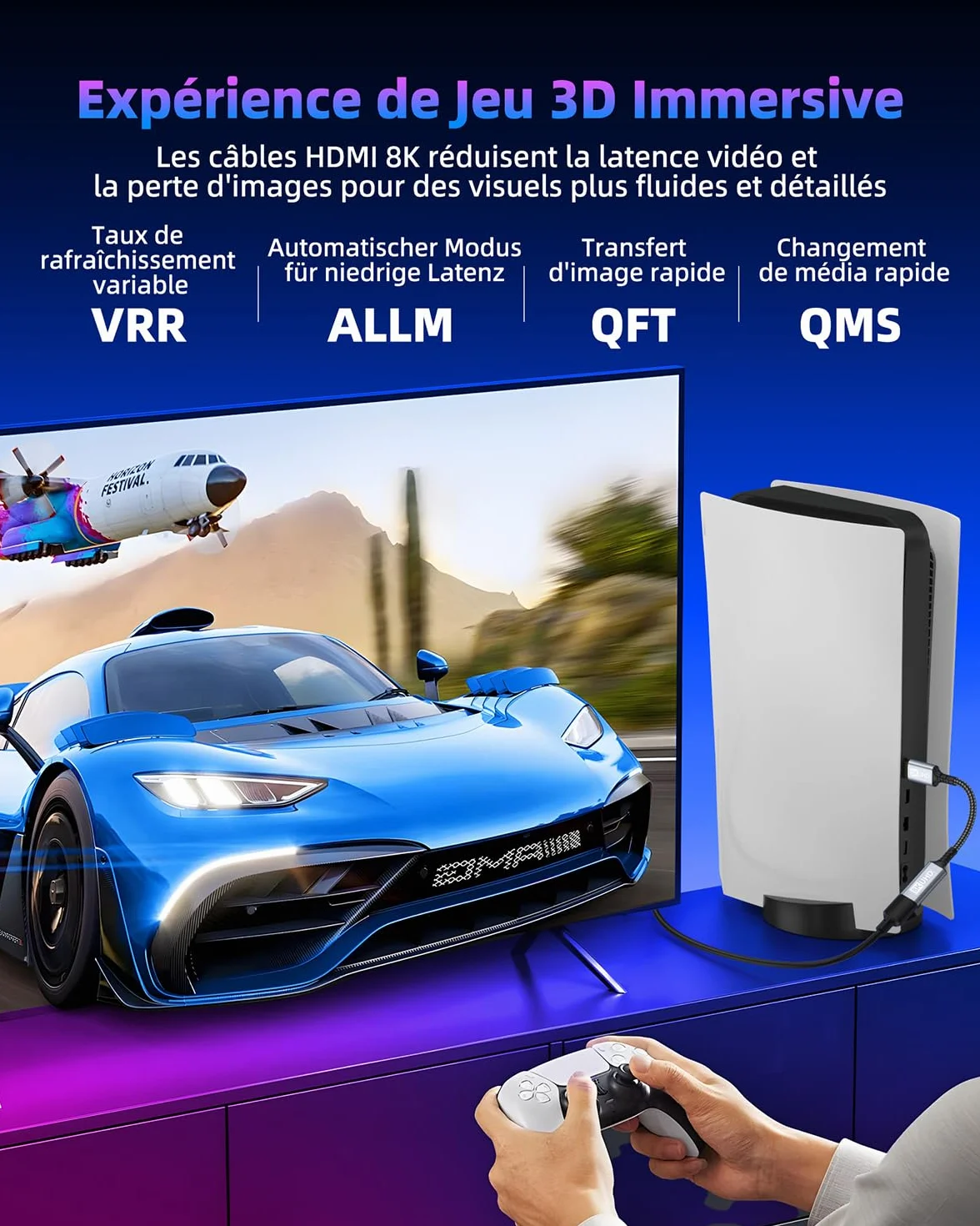 Rallonge HDMI 0.5M Câble, Câble d'extension HDMI 2.1 Mâle vers Femelle 8K@60Hz 4K@120Hz/144Hz 48Gbps, High Speed UHD eARC HDCP 2.3, Compatible avec TV Stick, HDTV, PS5/PS4