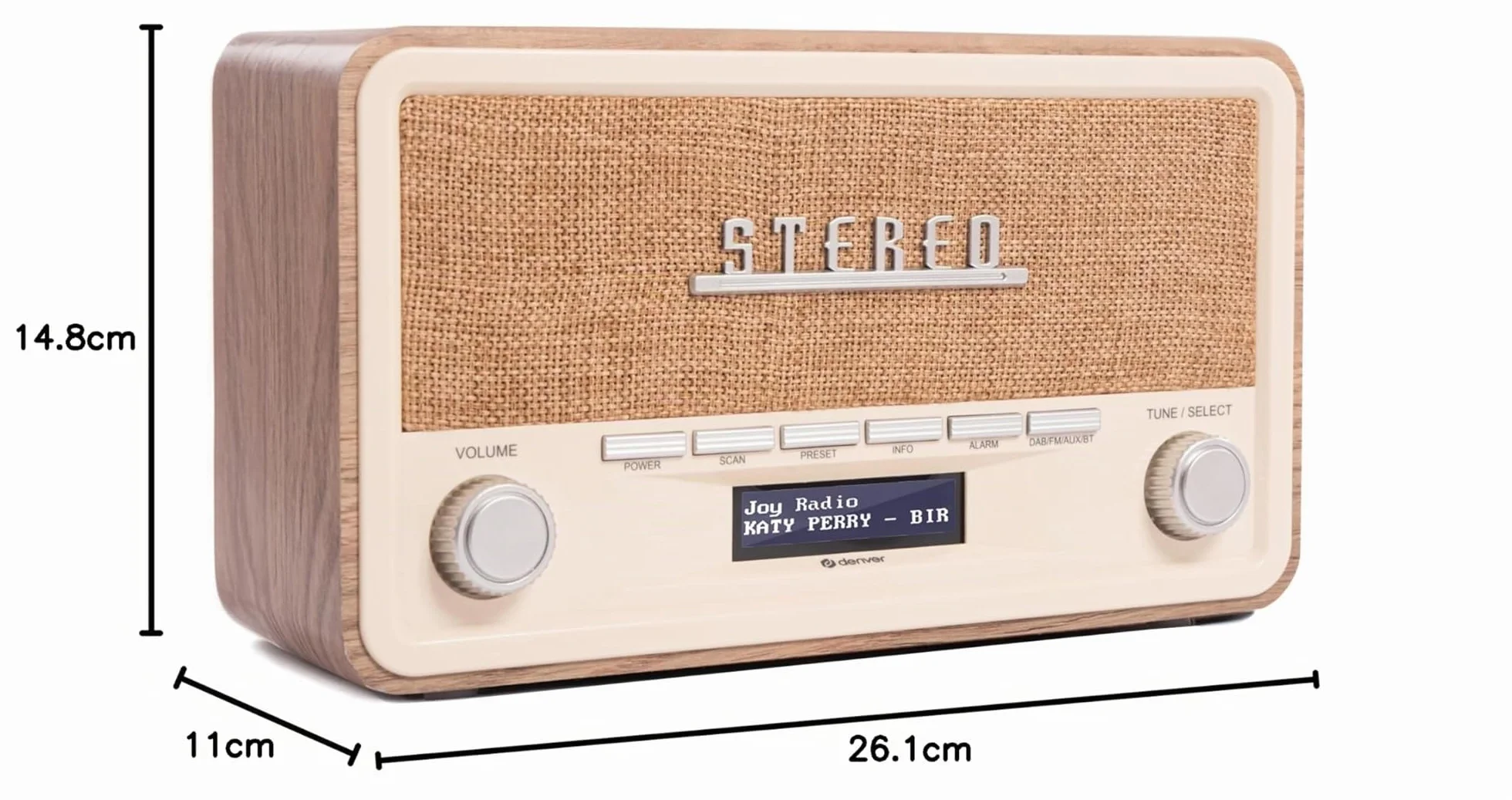 Denver DAB-18LW Radio numérique Dab+/FM Bluetooth, AUX, écran LCD, Horloge-réveil, Finition Bois Clair