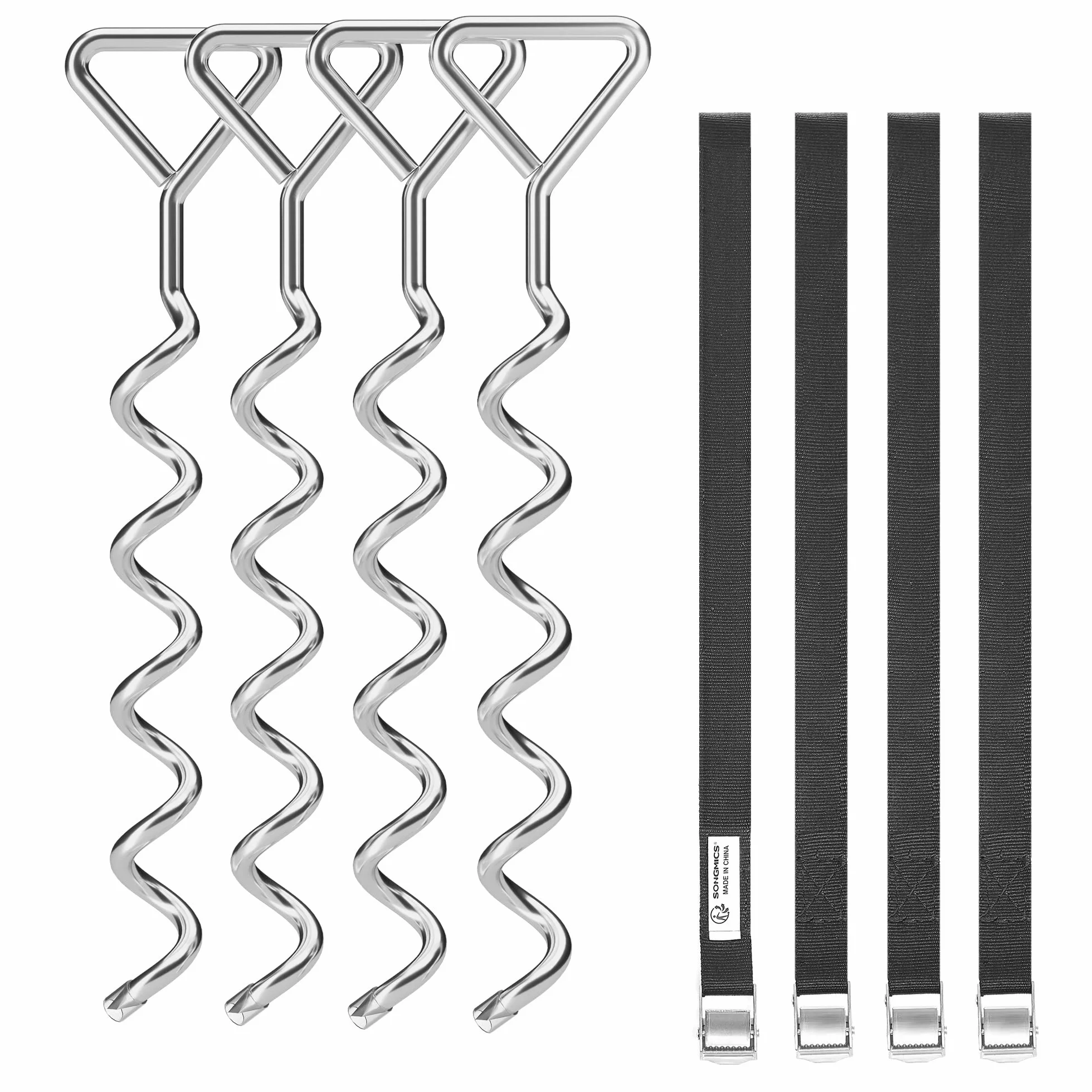 SONGMICS Set d'ancrage pour Trampoline, Lot de 4, Piquets Spiralés, Argent et Noir