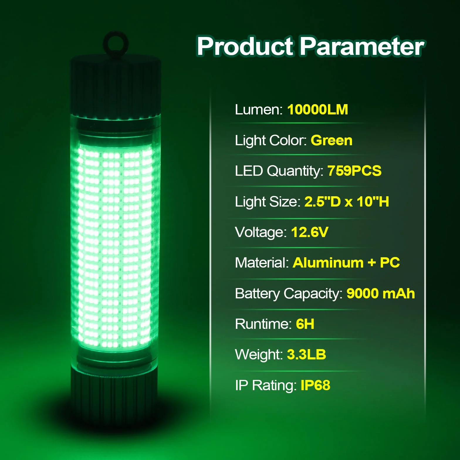 Lampe de Pêche Sous-Marine LED Verte Rechargeable 9000mAh IP68 Étanche Eau Douce Salée