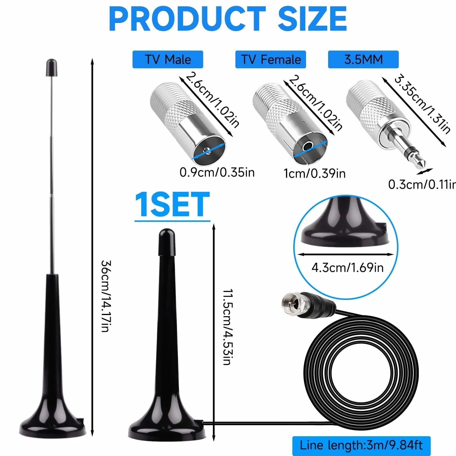 Antenne Radio FM Dab Intérieure 75 Ohm avec Base Magnétique - Antenne Télescopique Haute Réception pour Chaîne HiFi, Récepteur AV, Tuner Stéréo - Inclus 3 Adaptateurs (F Mâle/Femelle, 3.5mm)