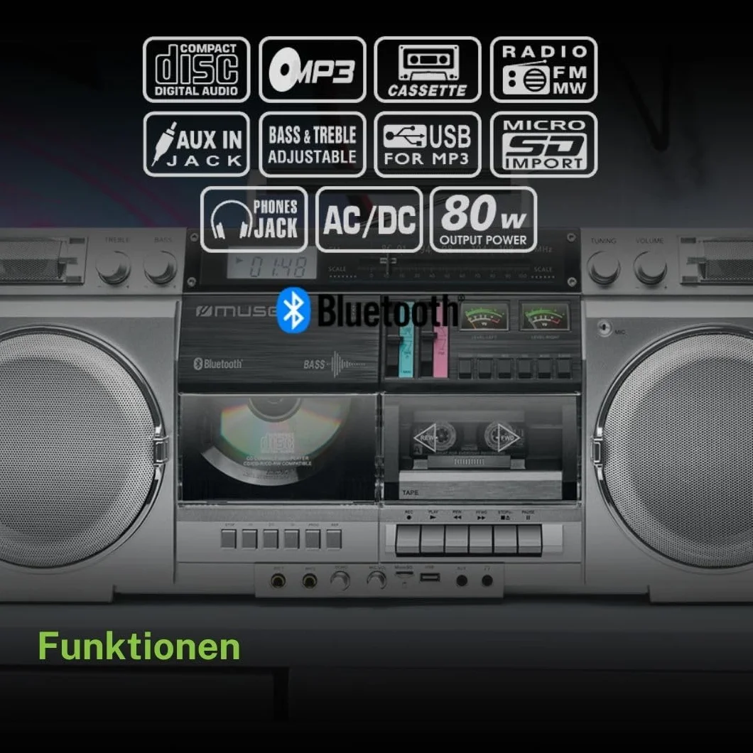 Muse M-380GBS Boombox Cassettes rétro Lecteur CD AUX Bluetooth Compatible Smartphone Enregistreur Cassette Design Vintage