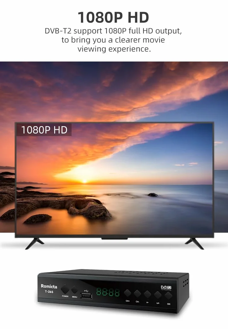 Décodeur TNT HD DVB-T2/C H.265 HEVC FTA Full HD 1080p PVR USB HDMI SCART Tuner TV numérique