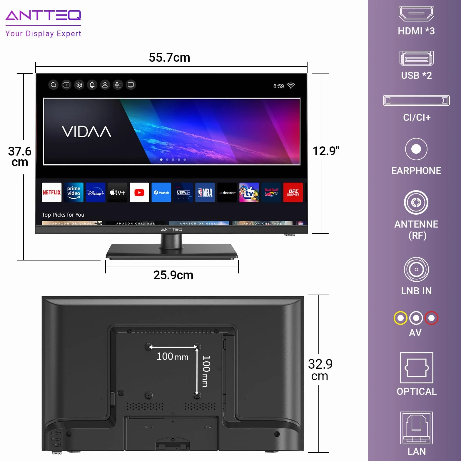 Antteq V25-AF3Q1 Smart TV 25 Pouces (64cm) Full HD,Vidaa OS Télévision avec Triple Tuner Appli Mobile,APP Store,Netflix/DAZN/WiFi, HDMI