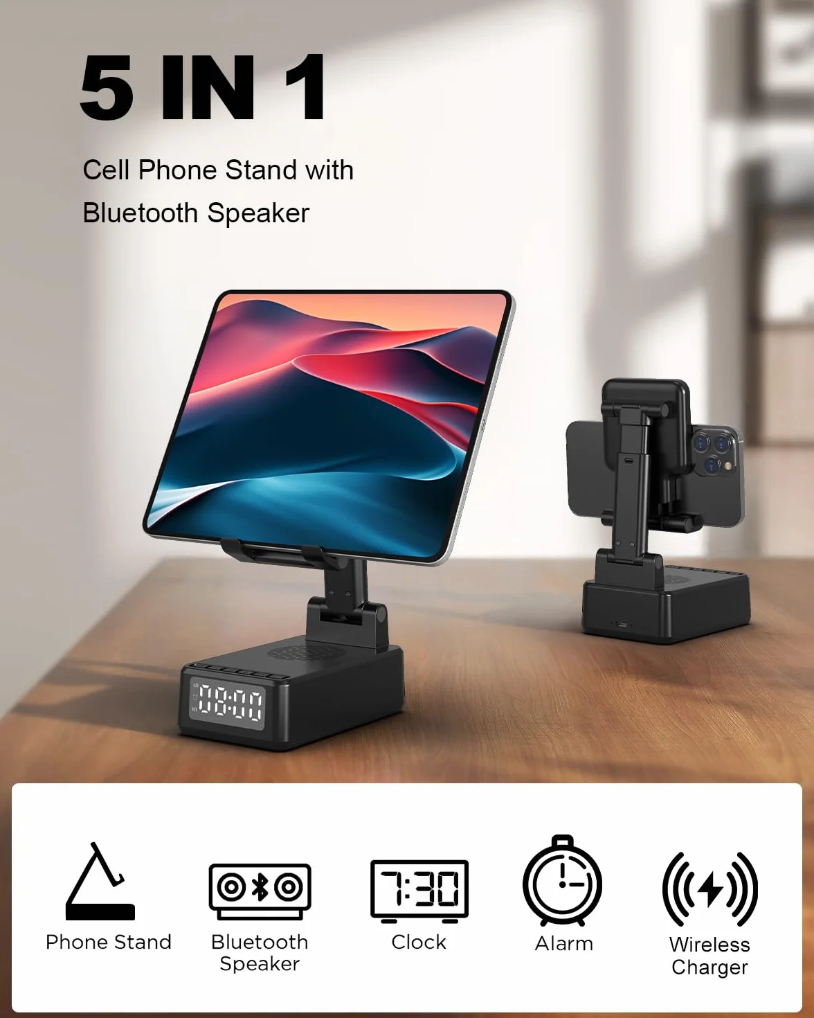 Enceinte Bluetooth Portable 5 en 1 avec Reveil Matin, Chargeur sans fil, Support pliable pour téléphone