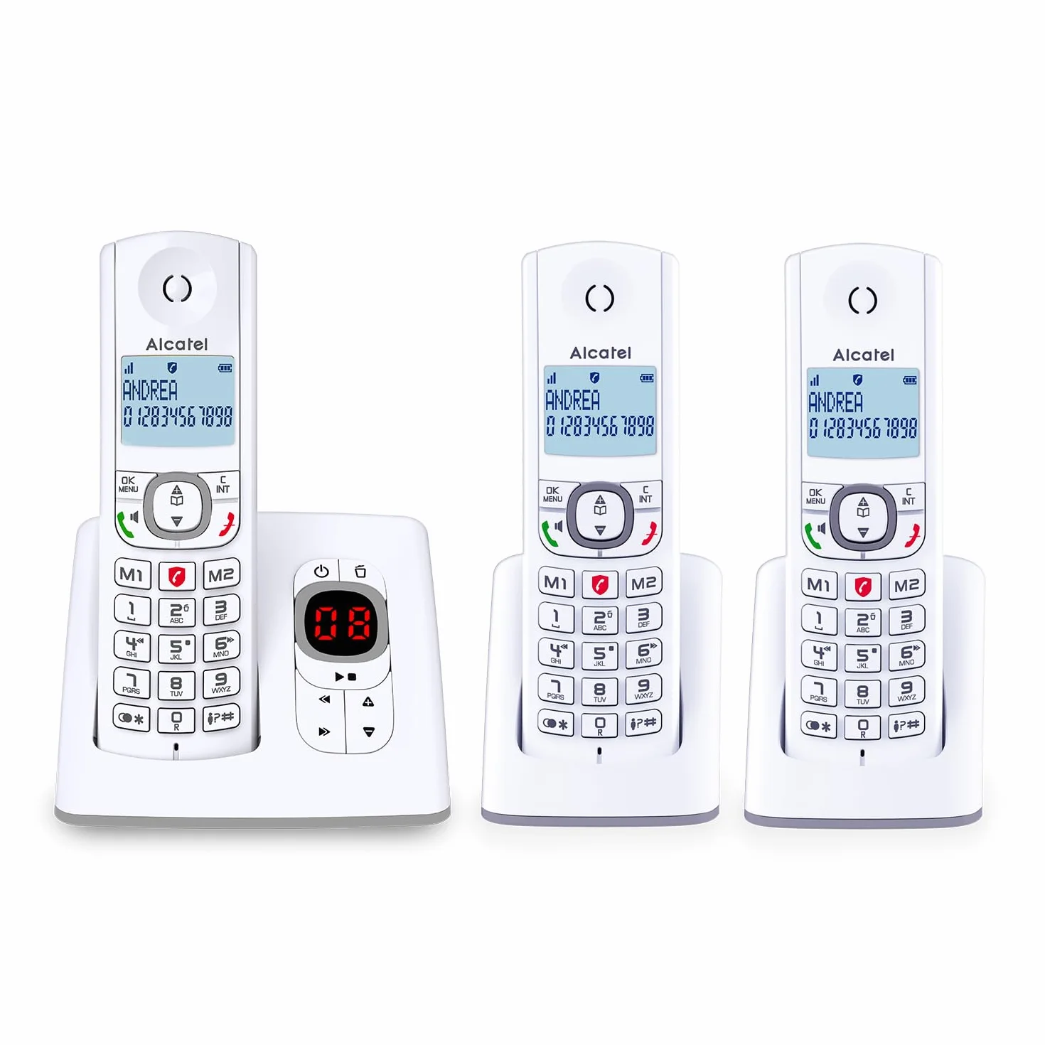 ALCATEL F530 Voice Trio Téléphone Fixe Sans Fil DECT avec Répondeur Grand Écran Rétroéclairé Haut-Parleur Blocage Appels 3 Combinés Blanc/Gris