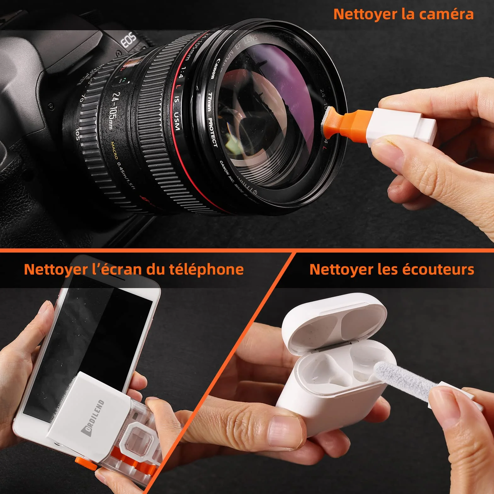 Ordilend Kit de Nettoyage pour iPhone Airpods Claviers Ordinateurs et Tablettes,Nettoyeur d'écran Multifonctionnel pour Ecouteurs,Téléphones,Appareils Photo,Tout-en-Un avec Brevet-Blanc