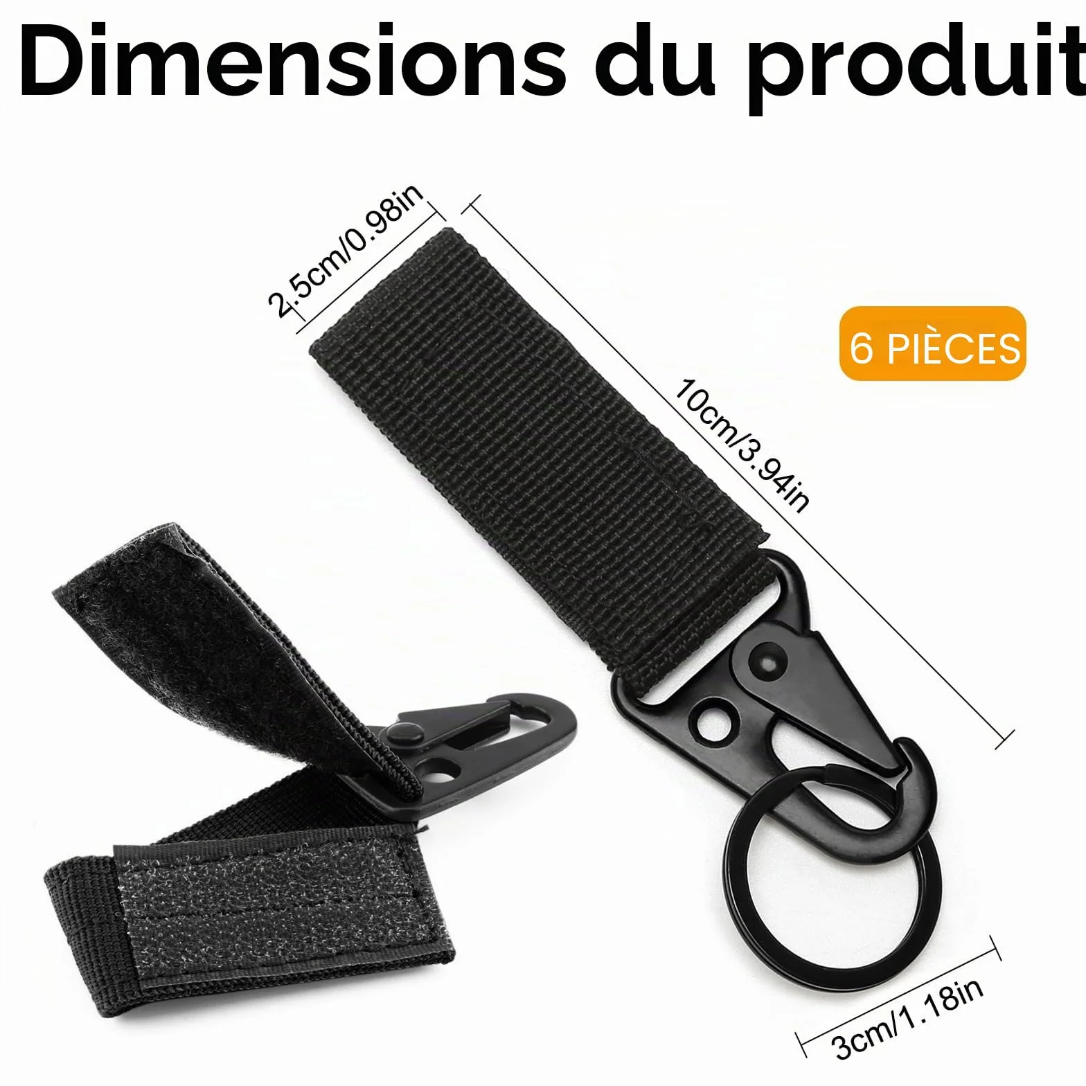Mousquetons Tactique 6 Pièces Sangle en Nylon Noir pour Gilet Ceinture Sac à Dos