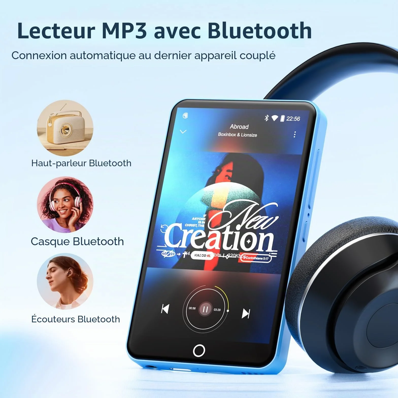 Oilsky Lecteur MP3 Bluetooth WiFi 80GB 4" 1080P Tactile Android 9.0 Portable Spotify Audible Deezer Bleu