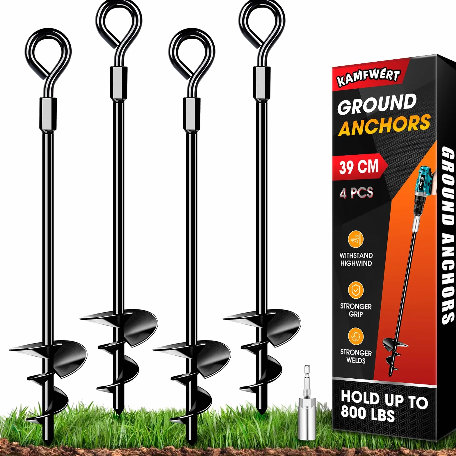 Trampoline Ground Anchors Set of 4 - Anchor Kit for Tents, Swings, Awnings, Metal Trampolines