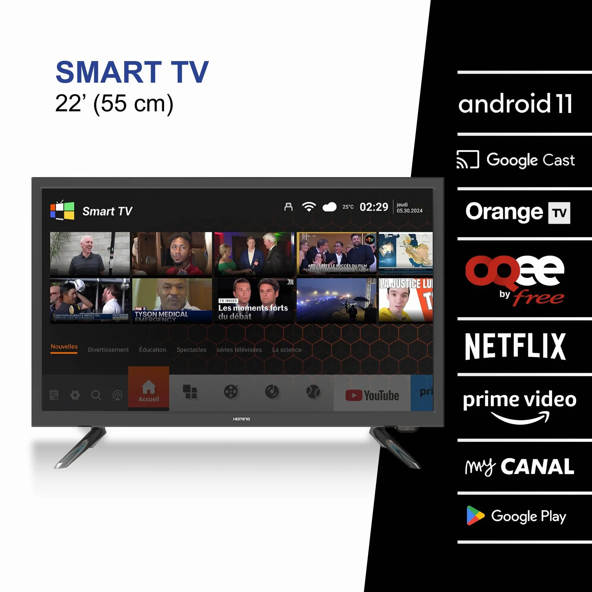 Heming Smart TV 22" Android 11 | Full HD, WiFi & Bluetooth | 12V/24V/220V pour Camping-Car, Camion, Bateau, Caravane | Garantie 2 Ans