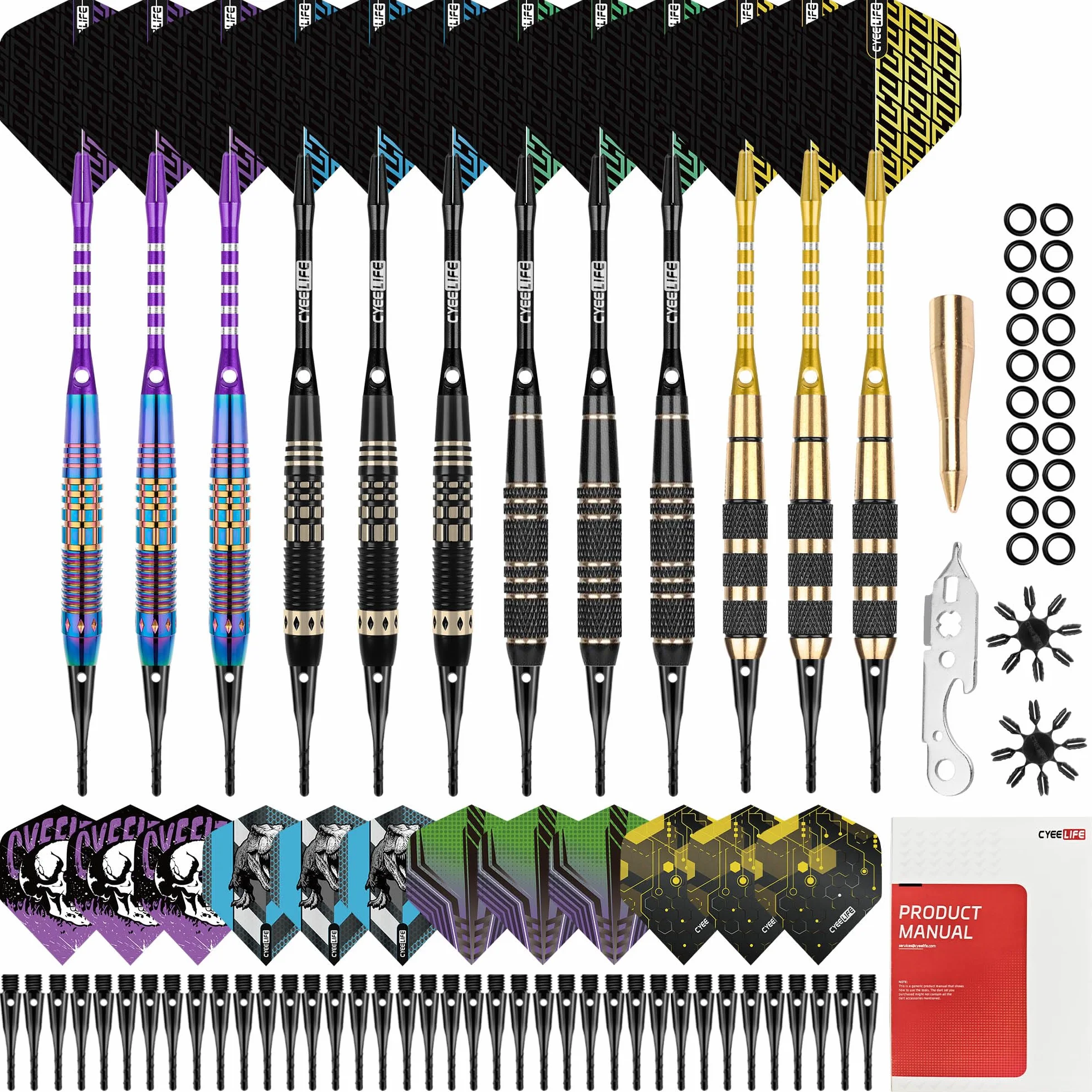 CyeeLife Fléchettes de Dart avec pointe en plastique, 12 pièces Set Premium Softdarts - Barils en laiton avec 4 designs