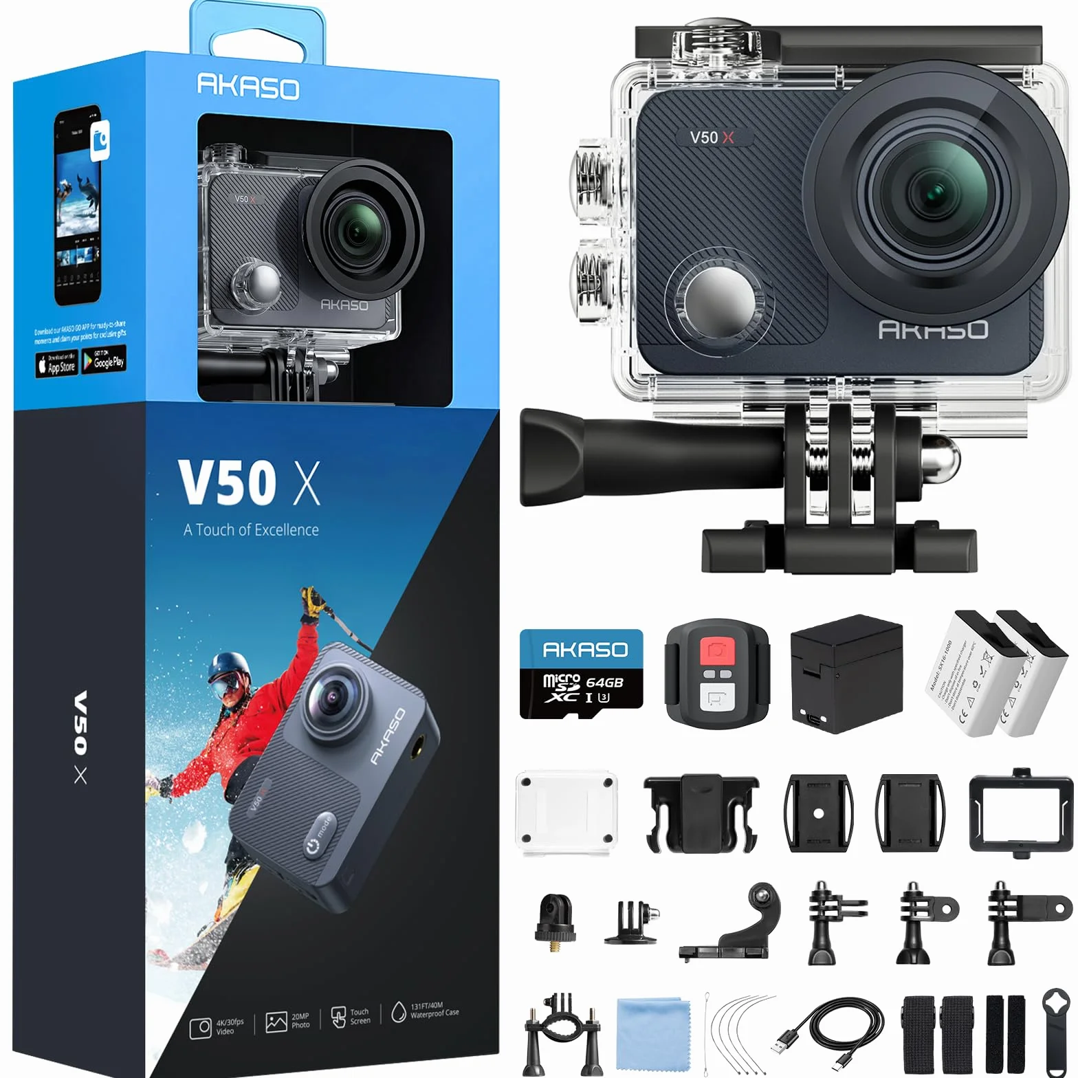 AKASO V50 X Caméra de Sport 4K 30FPS Ultra HD avec Carte 64 Go, Télécommande, Écran Tactile, Stabilisateur