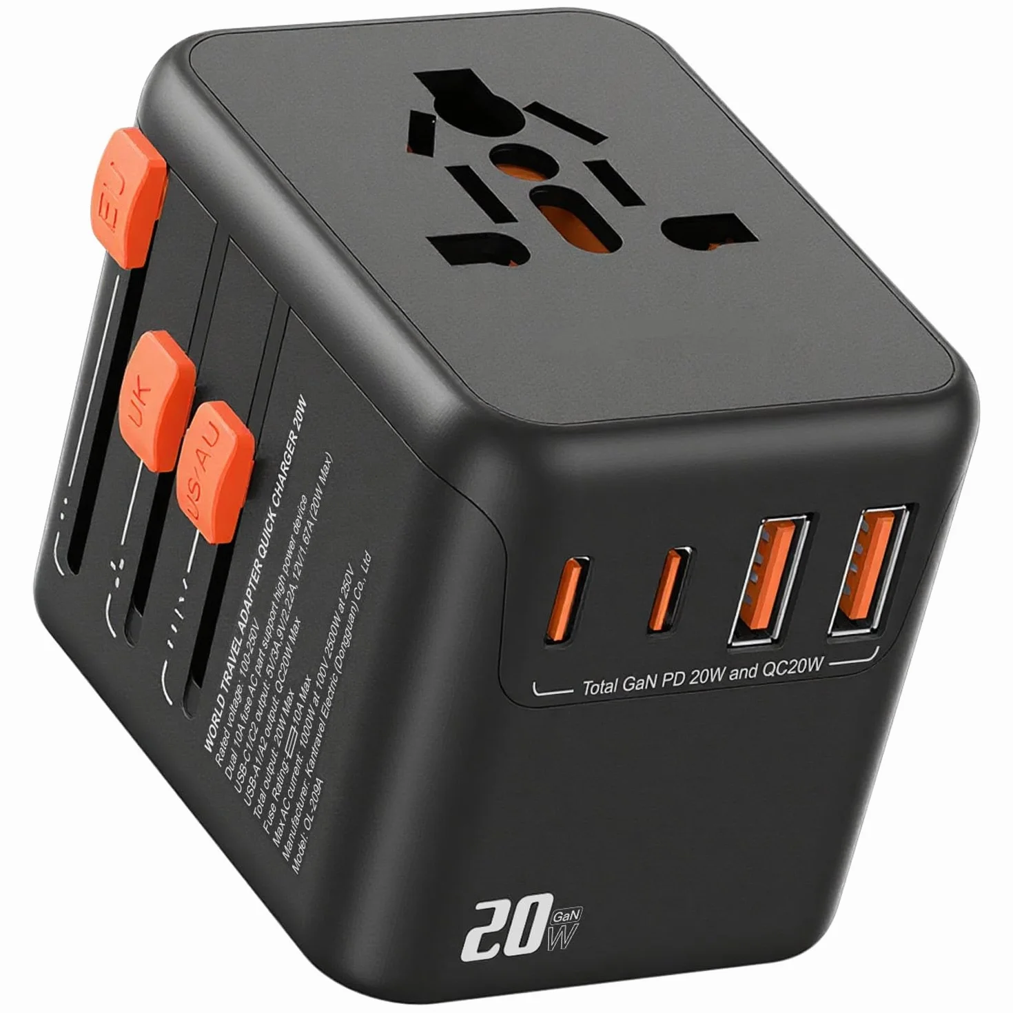 Adaptateur Prise Universelle,Adaptateur Universel de Voyage avec 2 USB C et 2 USB A et 1 Prise Secteur Universelle,Adaptateur de Prise International pour Europe USA UK Australie Chine Japon Thaïlande