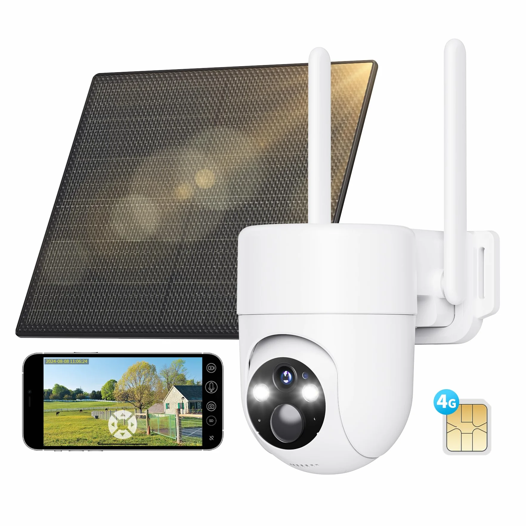 SEHMUA 3G/4G LTE Camera Surveillance Exterieure sans Fil, Camera Solaire 4G avec Carte Sim, Détection Humaine PIR et Alarmes de Zones Personnalisées, Étanchéité IP66