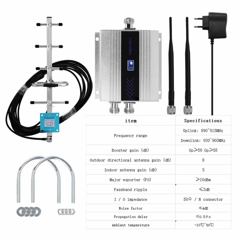 Geevorks GSM900 MHz Amplificateur de signal de téléphone portable à double extrémité, répéteur de signal de téléphone cellulaire avec écran LCD + antenne Yagi