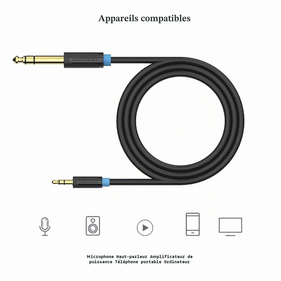 VENTION Câble Audio 3.5mm vers 6.35mm Stéréo Jack, Câble Jack TRS 6.35 Mâle vers 3.5 Mâle pour Guitare, Haut Parleurs, Table de Mixage, Amplificateurs Cinéma Maison (0.5m/1.6ft)