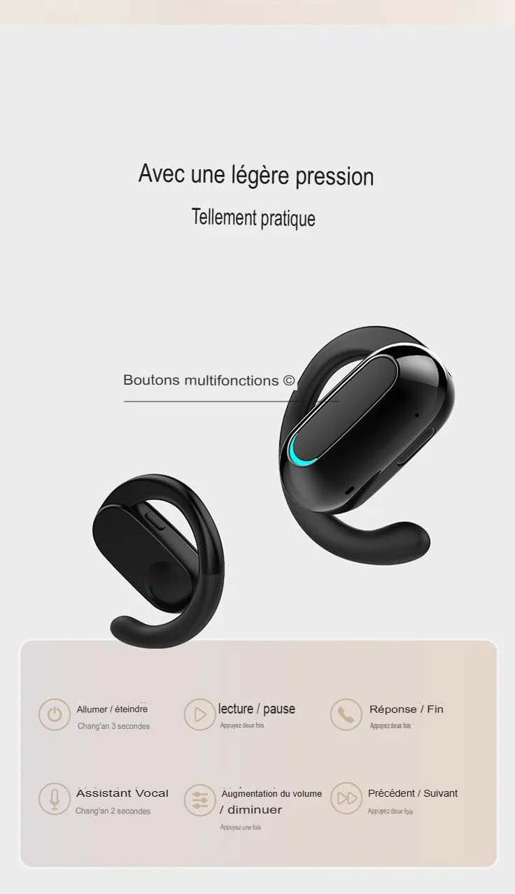 Clip Oreillette Bluetooth 5.2 sans Fil - 75 mAh, 15H Écoute, Recharge USB-C, Clip Oreille Ouvert, Confortable, Idéale Télétravail & Sport. (Noir)