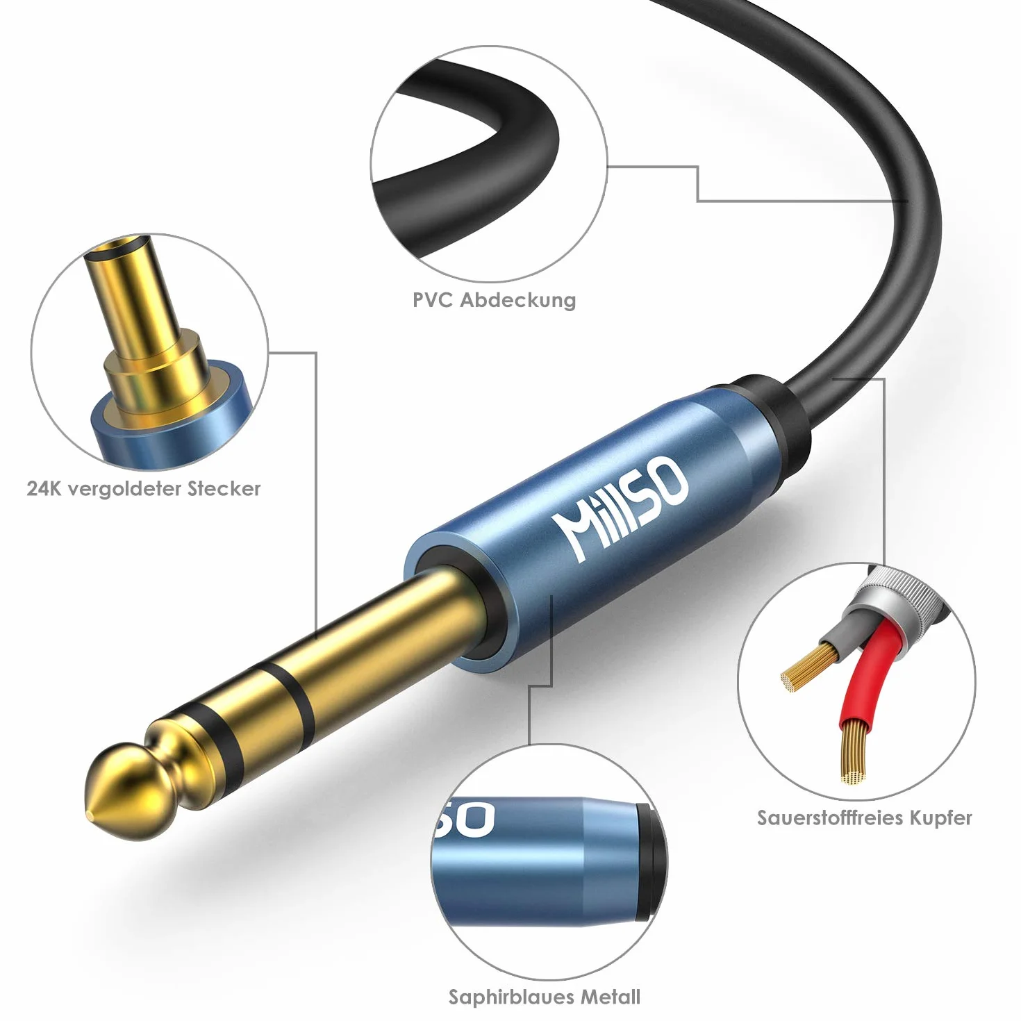MillSO Adaptateur Jack 6.35 mm Mâle vers 3.5 mm Femelle Casque Prise Adaptateur 6.35 3.5 Audio Connecteur Stéréo Headphone Jack Adapter Plaqué - 2M