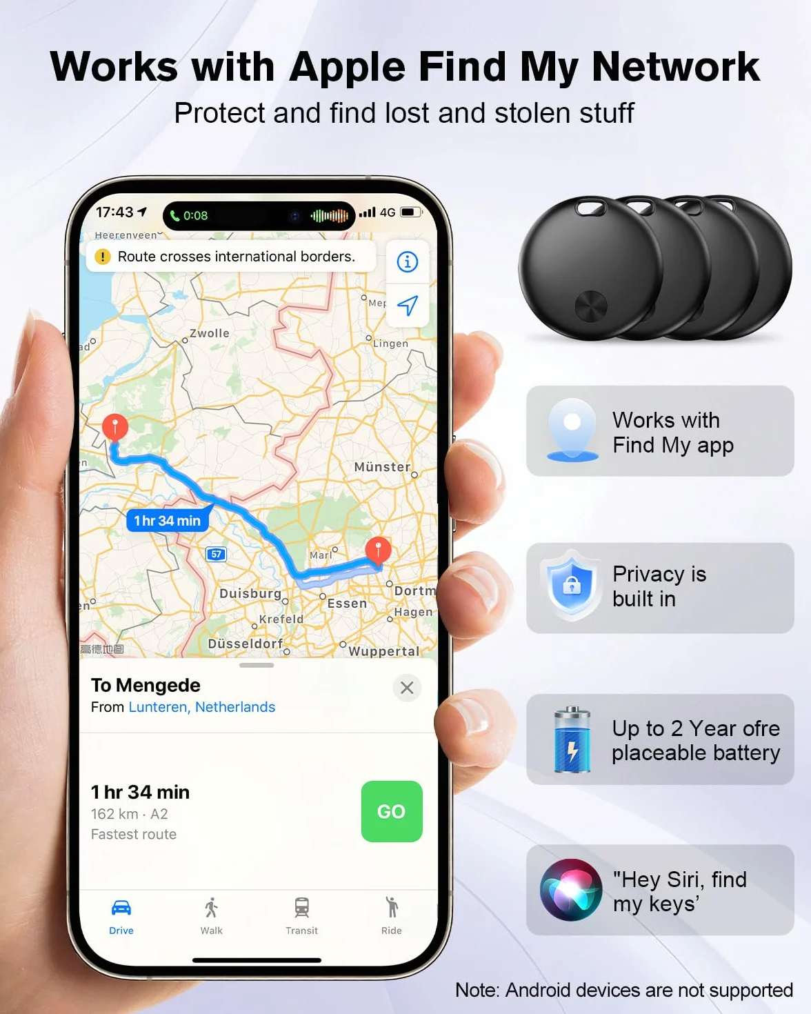 Smart Air Traceur Tag, Compatible avec Apple Find My (iOS Uniquement), étanche IP67, Batterie Remplaçable, Localisateur de Clés/Portefeuilles/Valises/Sac à Dos - Lot de 4