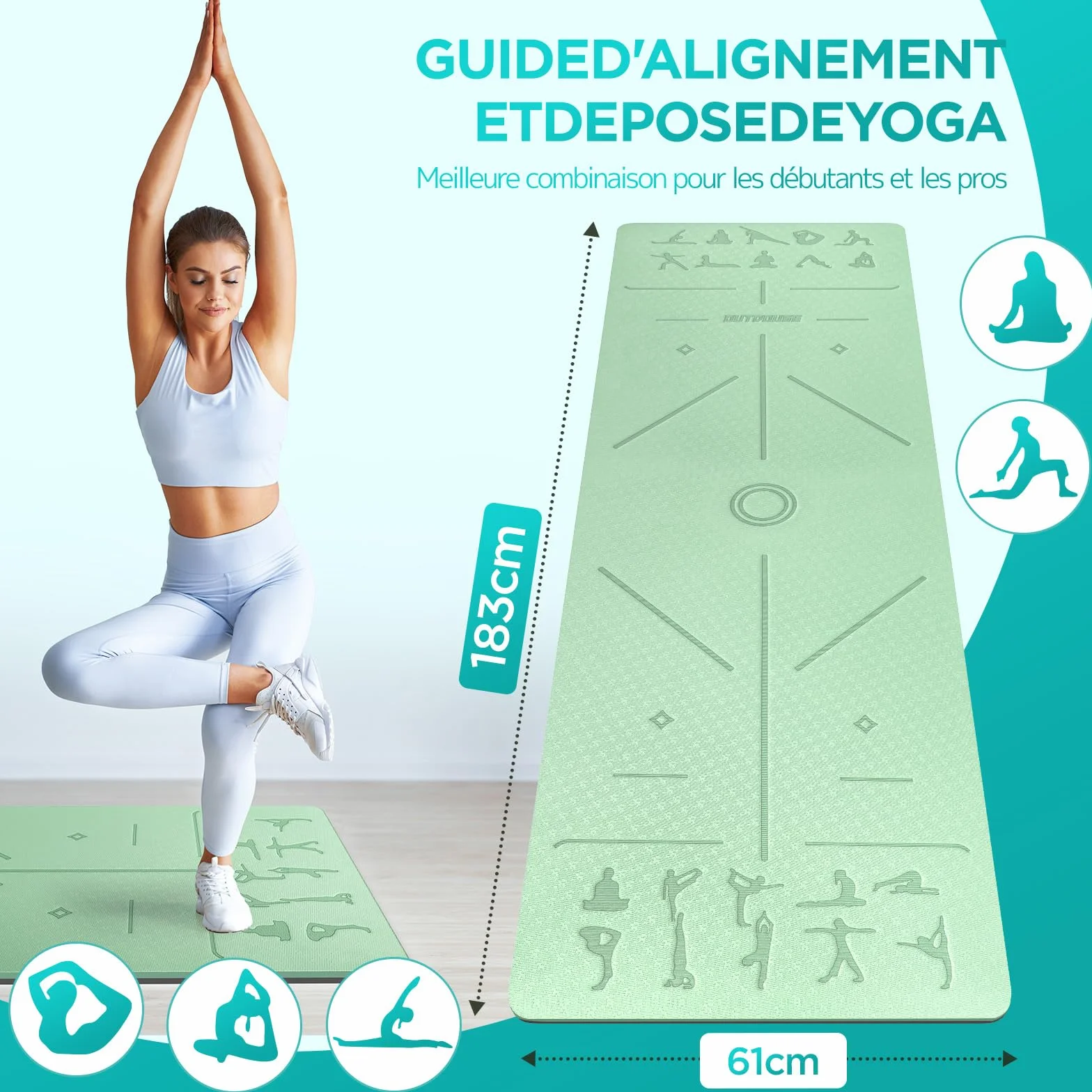 Tapis de yoga OUTDOUSE 70 postures imprimées TPE antidérapant 183x61x0,6cm