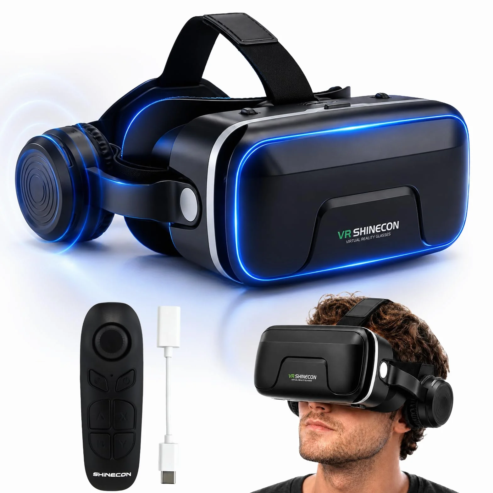 Casque VR 3D avec Écouteurs Verres HD Anti-Lumière Bleue Compatible Smartphones iPhone Android 4,7-7,2"
