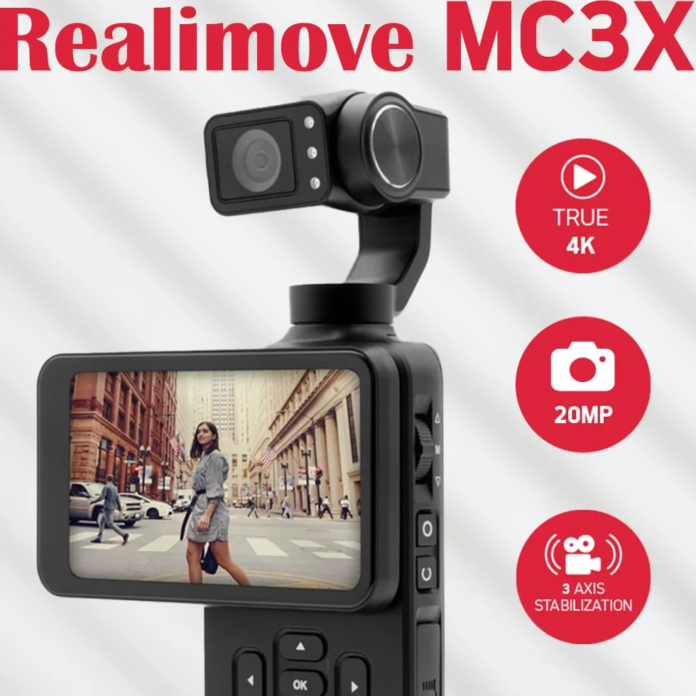 AgfaPhoto Gimbal Realimove MC3X Caméra Stabilisateur 3 Axes 4K Ultra HD Écran Tactile Rotatif 3,5" 20 MP Suivi de Visage Vision Nocturne Grand Angle 120° Wi-Fi Autonomie 170 Min Noir