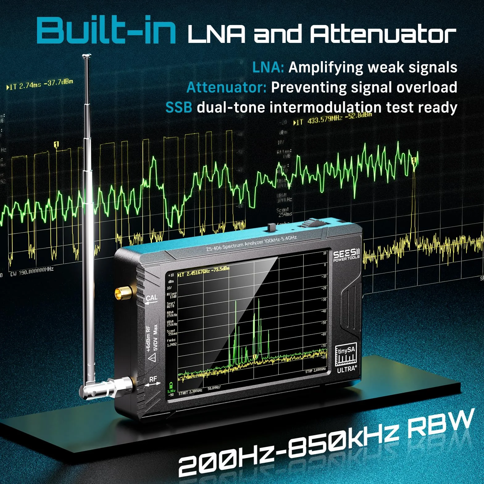 SEESII TinySA Ultra+ ZS406, Analyseur de Spectre 4,0 pouces, 100kHz-5,4GHz, Analyseur Portable avec Carte 32Go, Générateur de Signaux 2-en-1, Entrée MF/HF/VHF/UHF, V0.4.6.1, Version 2025