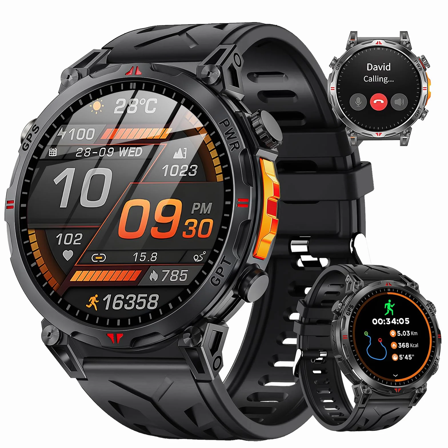 Montre Connectée Homme GPS intégré, AMOLED Appel Bluetooth, Montre Connectée pour Android et iPhone, 100+ Modes Sportifs, 3ATM étanche Montre Sport Homme avec Boussole (1.6)