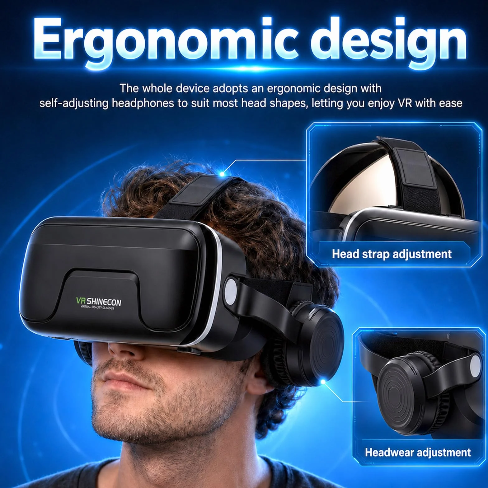 Casque VR 3D avec Écouteurs Verres HD Anti-Lumière Bleue Compatible Smartphones iPhone Android 4,7-7,2"