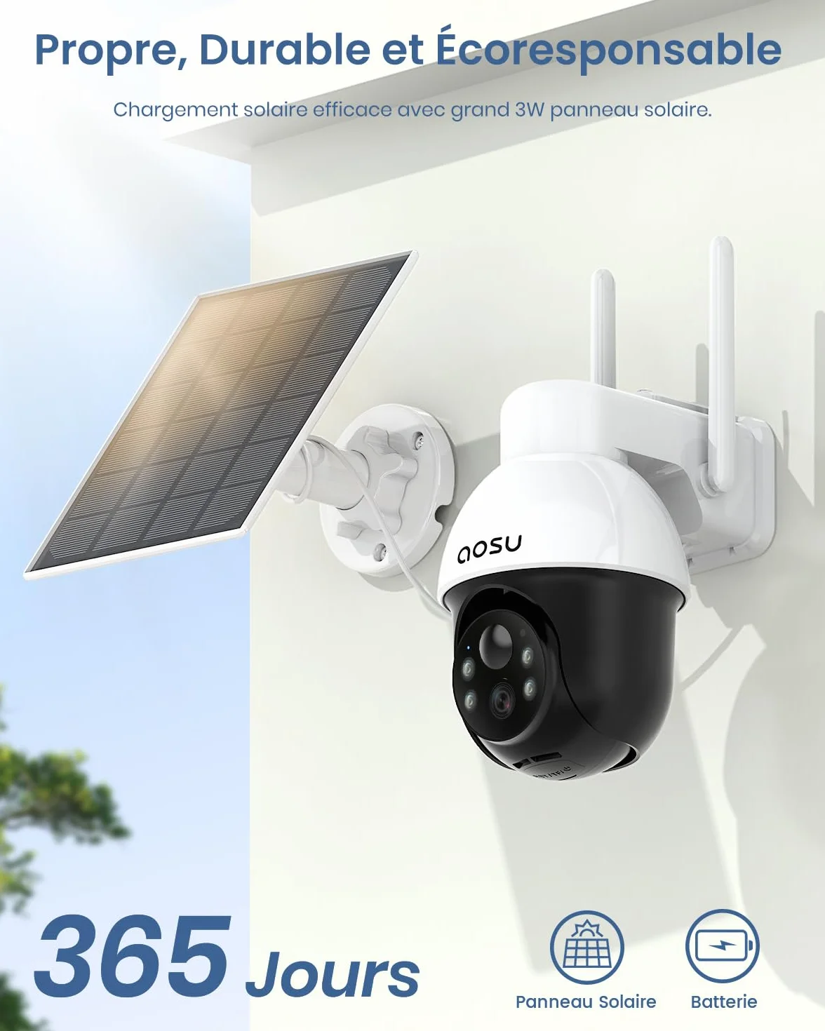 aosu 2K 3MP Camera Solaire Extérieur WiFi Surveillance 360° PTZ Suivi Automatique Vision Nocturne Alarme Audio Bidirectionnel