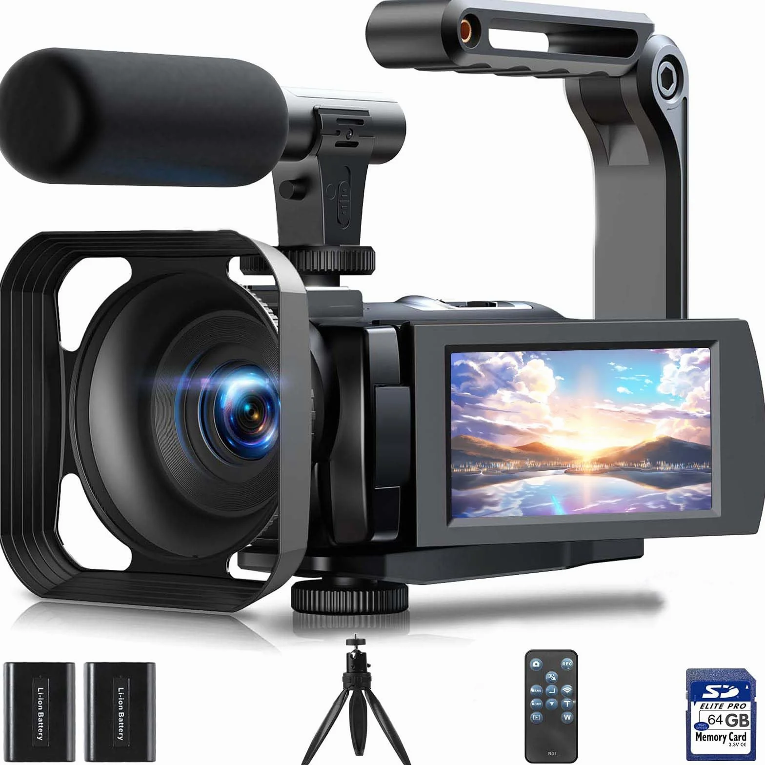 Caméscope Caméra vidéo 5K 56MP Vlogging Caméra Youtube, WiFi Vision Nocturne 3" Écran Tactile Rotatif à 270° Video Camera avec Carte 64 Go, télécommande, Microphone, stabilisateur, Piles, trépied