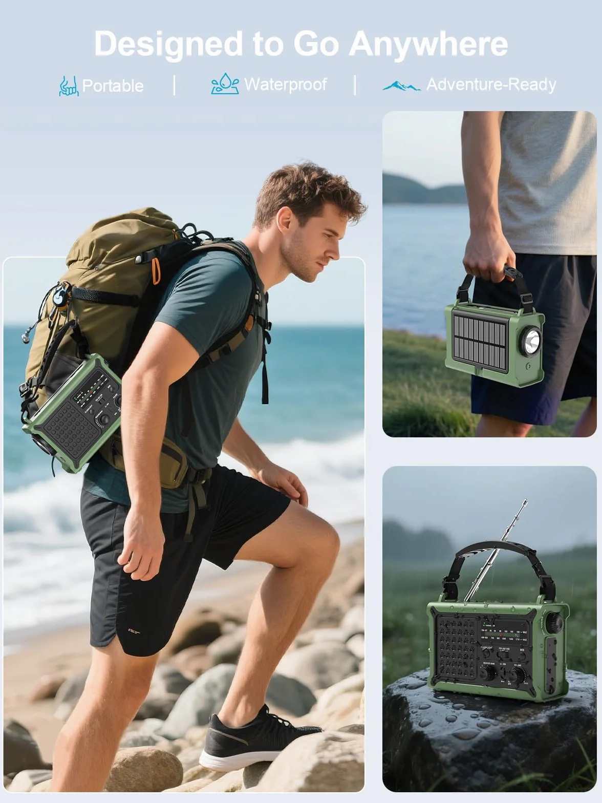 ROCAM Radio d’Urgence à Manivelle 12000mAh avec Panneau Solaire 8500mm² & Dynamo 650mA, Radio AM/FM Portable avec Torche LED, Lampe de Lecture, USB, Alarme SOS – Camping, Coupure de Courant, Survie