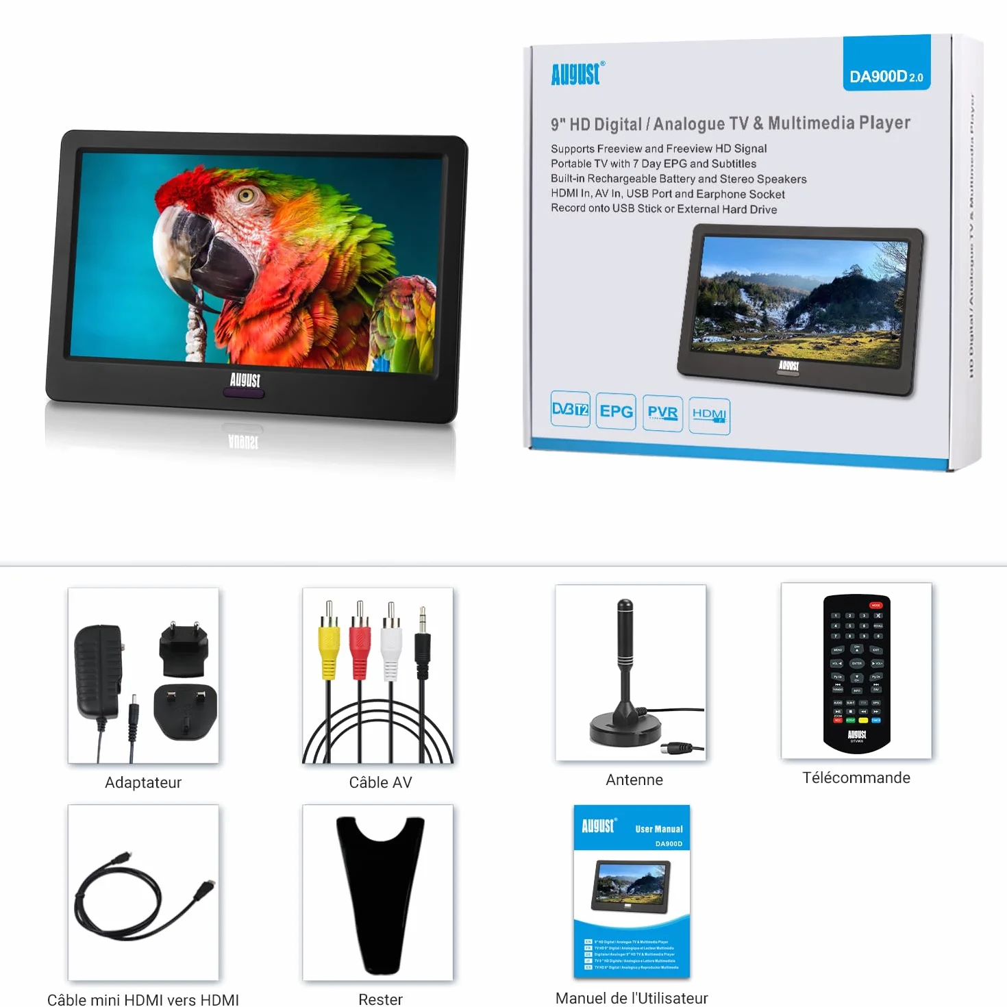August DA900D - TV Portable TNT HD LED 9" 12V Batterie Rechargeable - Télévision Enregistreur et Lecteur Multimédia - Mini Télé Port USB, HDMI, Voiture Camion, Camping-Car, Caravane Compatible 12v