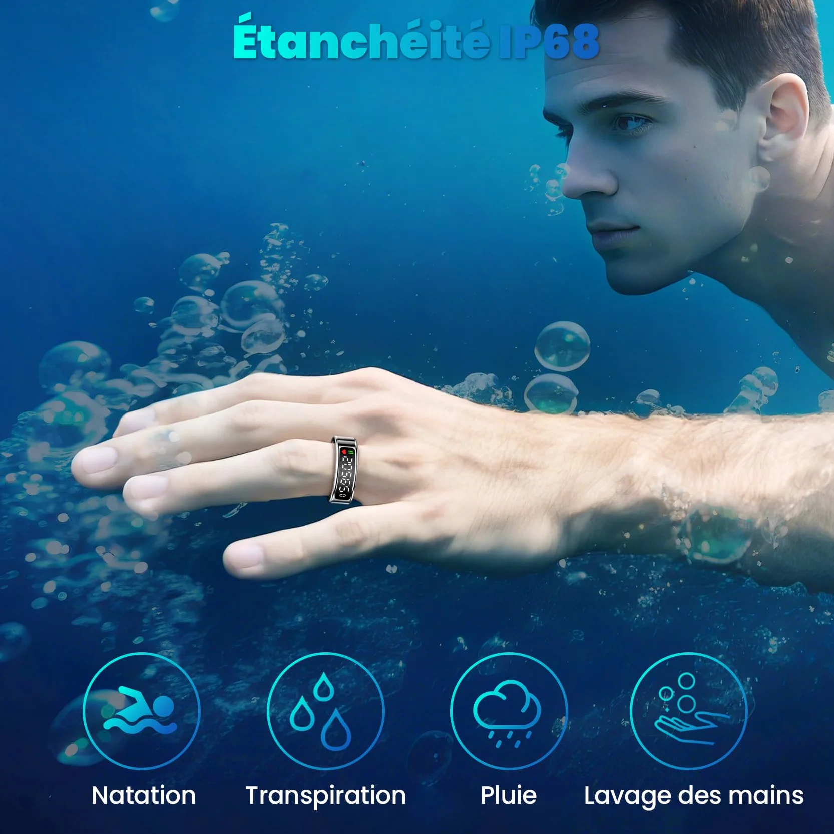 Smart Ring Homme Femme avec Écran LED, IP68, Trackers d'Activité Santé Fitness, Argenté 13
