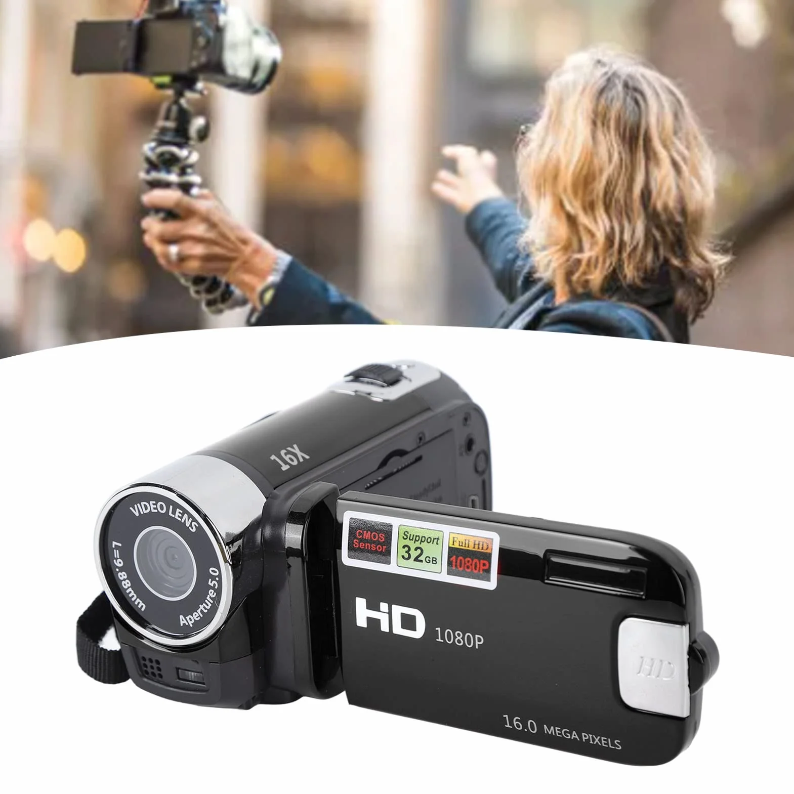 Caméra Vidéo Caméscope, 1080P 16MP DV Caméra Portable, Écran Rotatif TFT 2.7in Zoom Numérique 16x Caméra Vidéo avec Câble USB pour Famille, Voyage (Noir)
