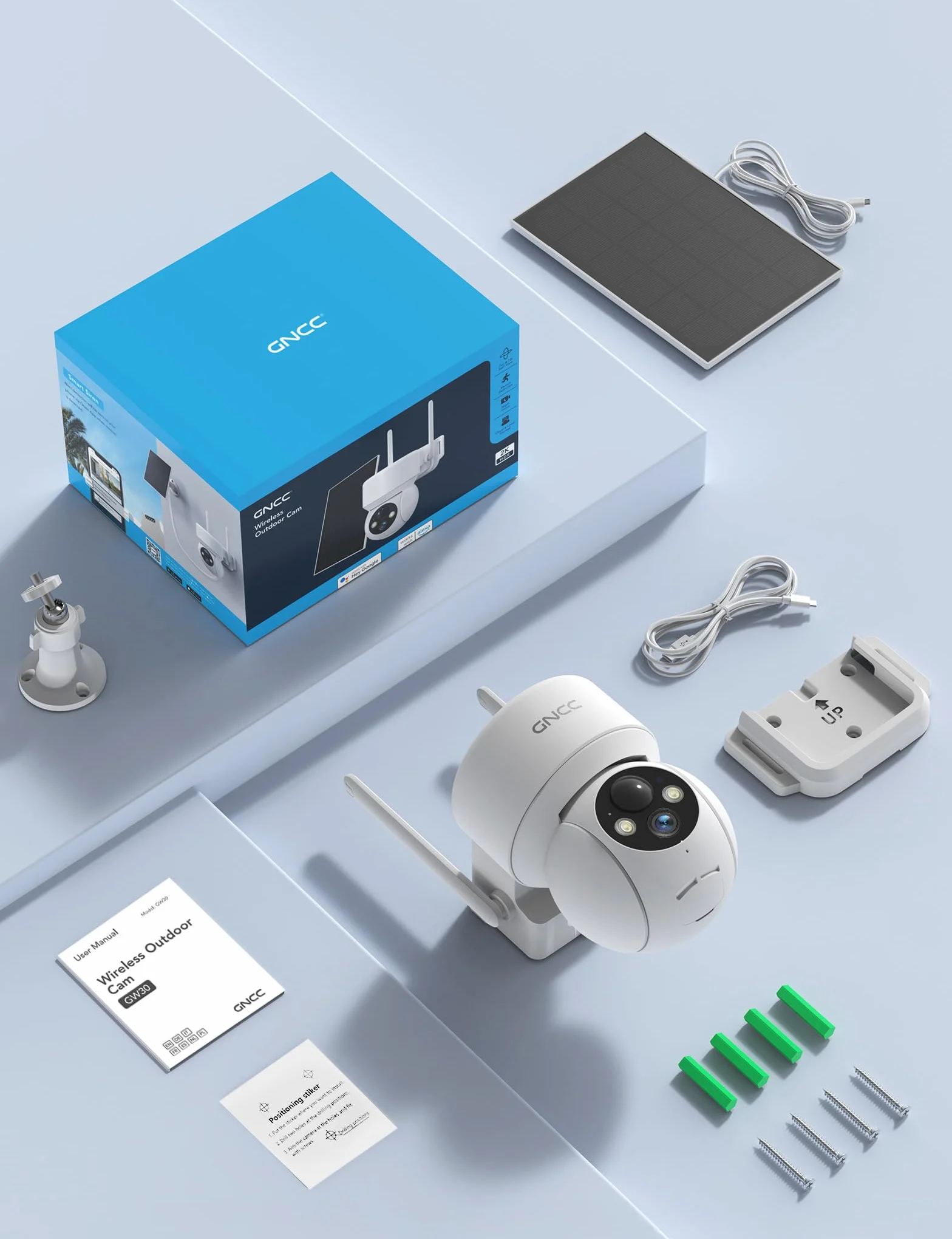 GNCC Camera Surveillance WiFi Exterieure sans Fil Panneau Solaire 360° PTZ 2MP Détection Humaine PIR Vision Nocturne Couleur Audio Bidirectionnel 2,4G