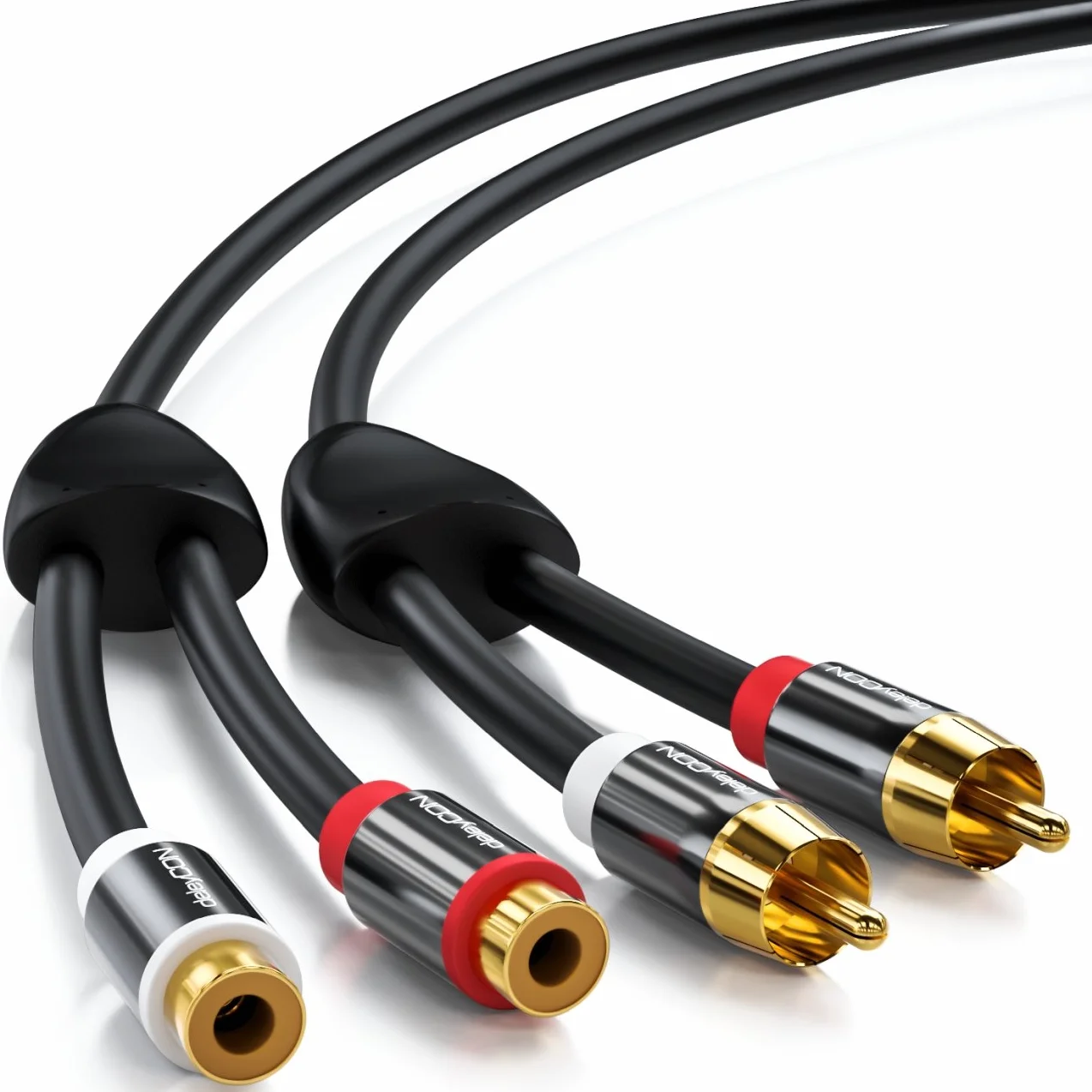 deleyCON 7,5m Câble Rallonge Cinch RCA Stéréo Audio - 2x Fiche vers 2x Prise - Connecteurs Métalliques Dorés Noir
