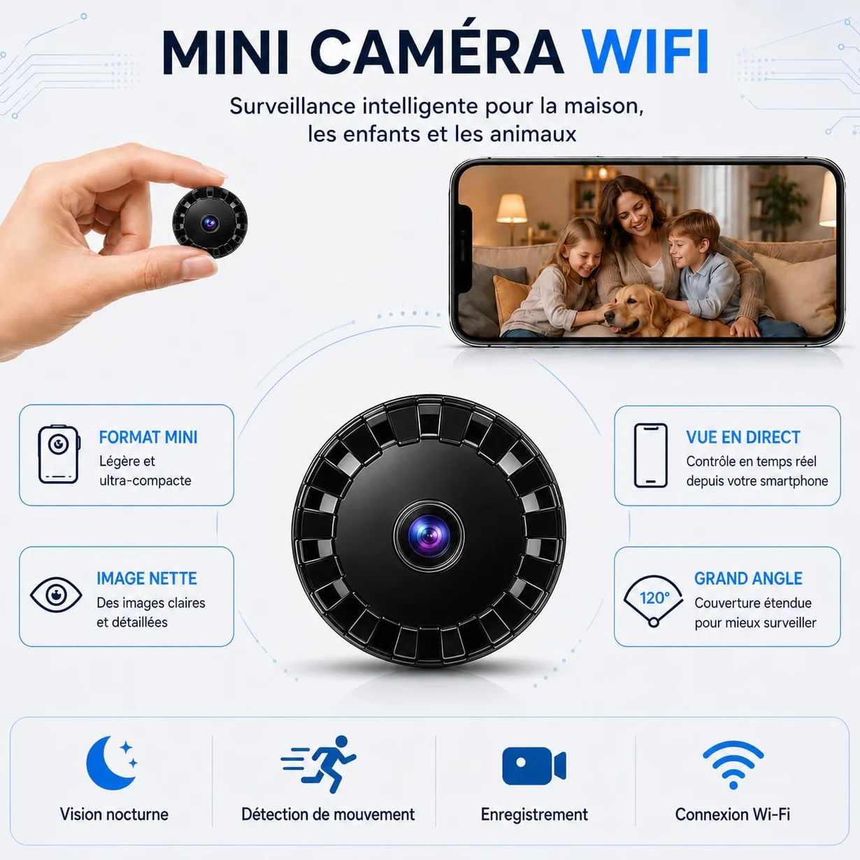 2026 Surveillance Mini Caméra Espion sans Fil , Caméra de sécurité WiFi HD 1080P avec Vision Nocturne intérieur/extérieur pour bébé, Animal de Compagnie, Compatible Smartphone (Black, Mini 4 pièce)